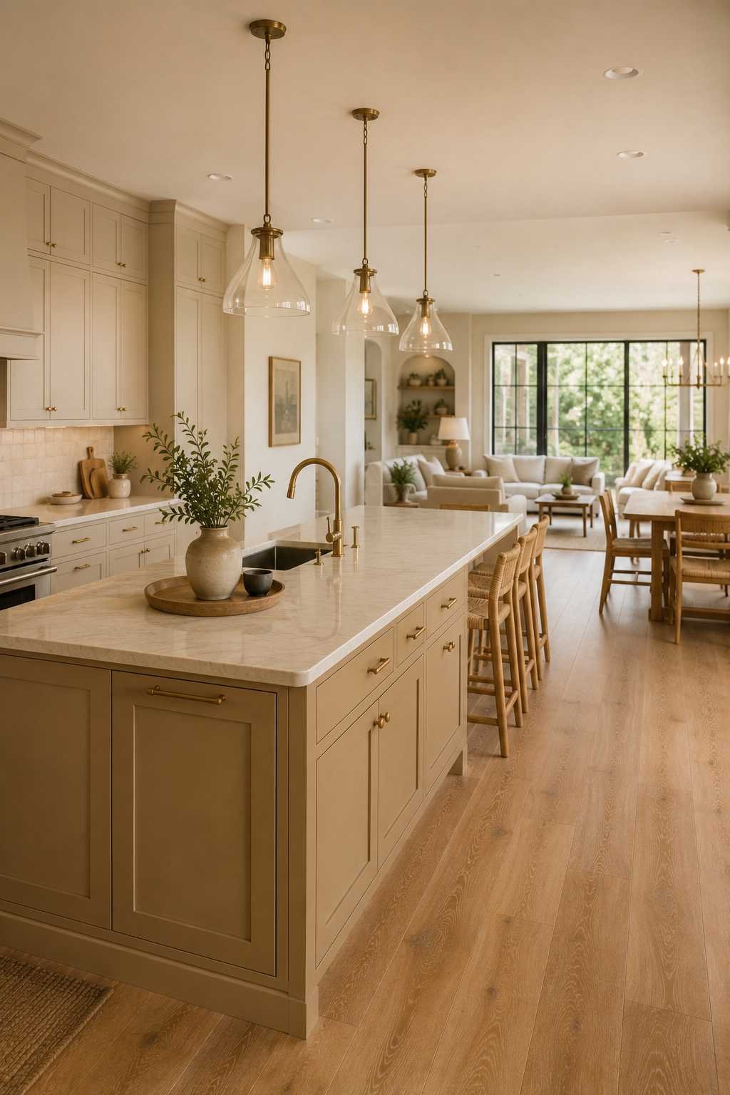 Open-concept kitchen and living room featuring a large warm beige island, lighter beige perimeter cabinets, cream stone countertops, brass pendant lights, white oak flooring, and coordinated neutral furnishings in a bright, airy layout.