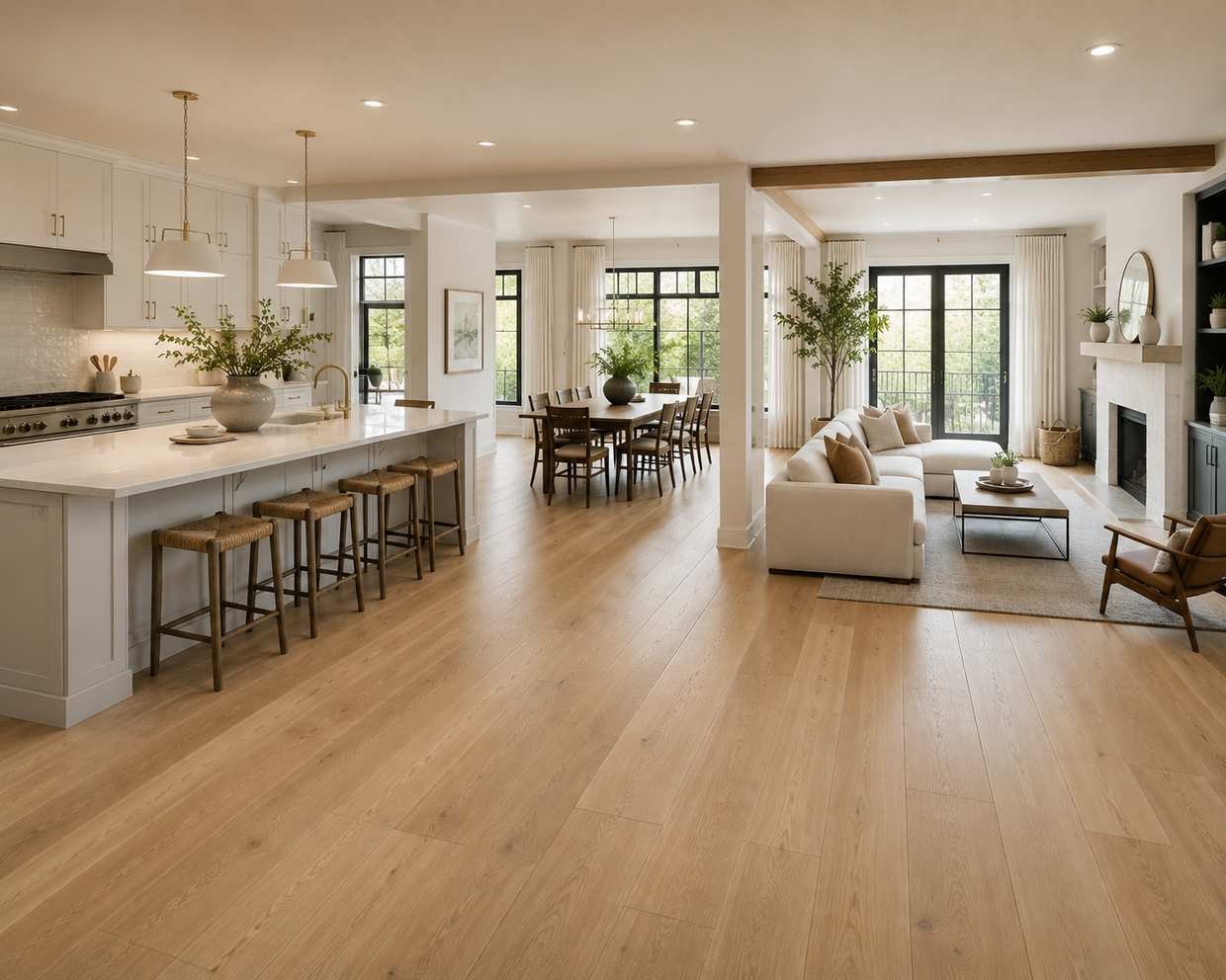 Wide-angle view of a bright open-concept home featuring continuous wide-plank white oak flooring flowing seamlessly through the kitchen, dining, and living areas. The space includes white shaker cabinets, a large kitchen island, a wooden dining table, a neutral living room with a cream sofa and fireplace, and floor-to-ceiling windows filling the interior with warm natural light.