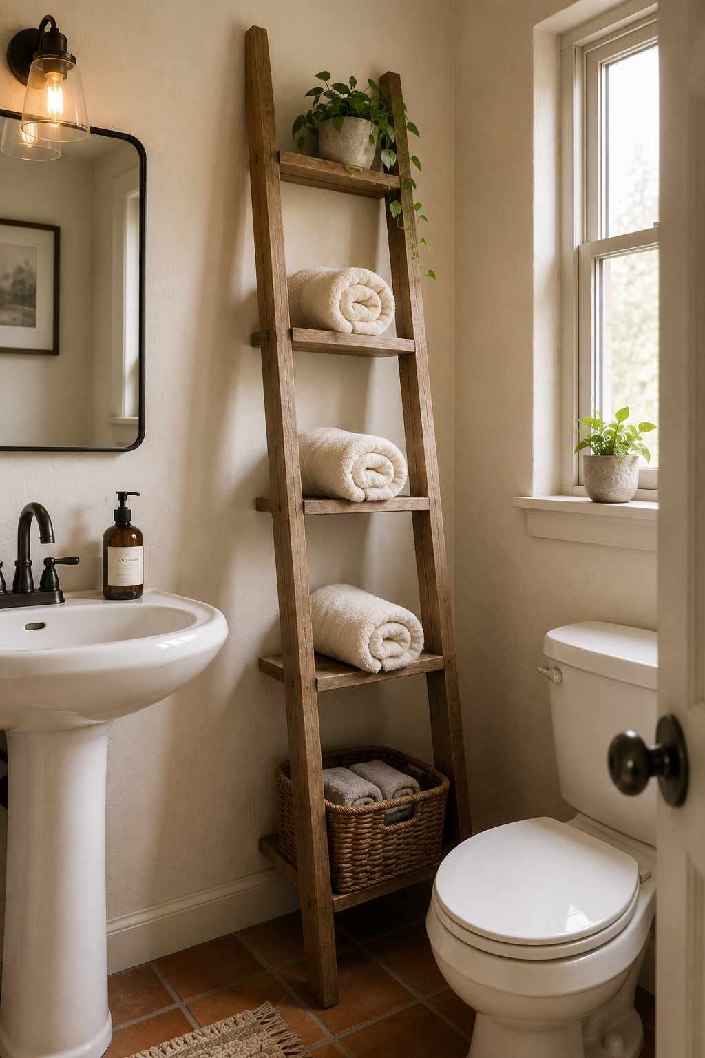 Wooden ladder shelf for bathroom towel storage and decorative organization