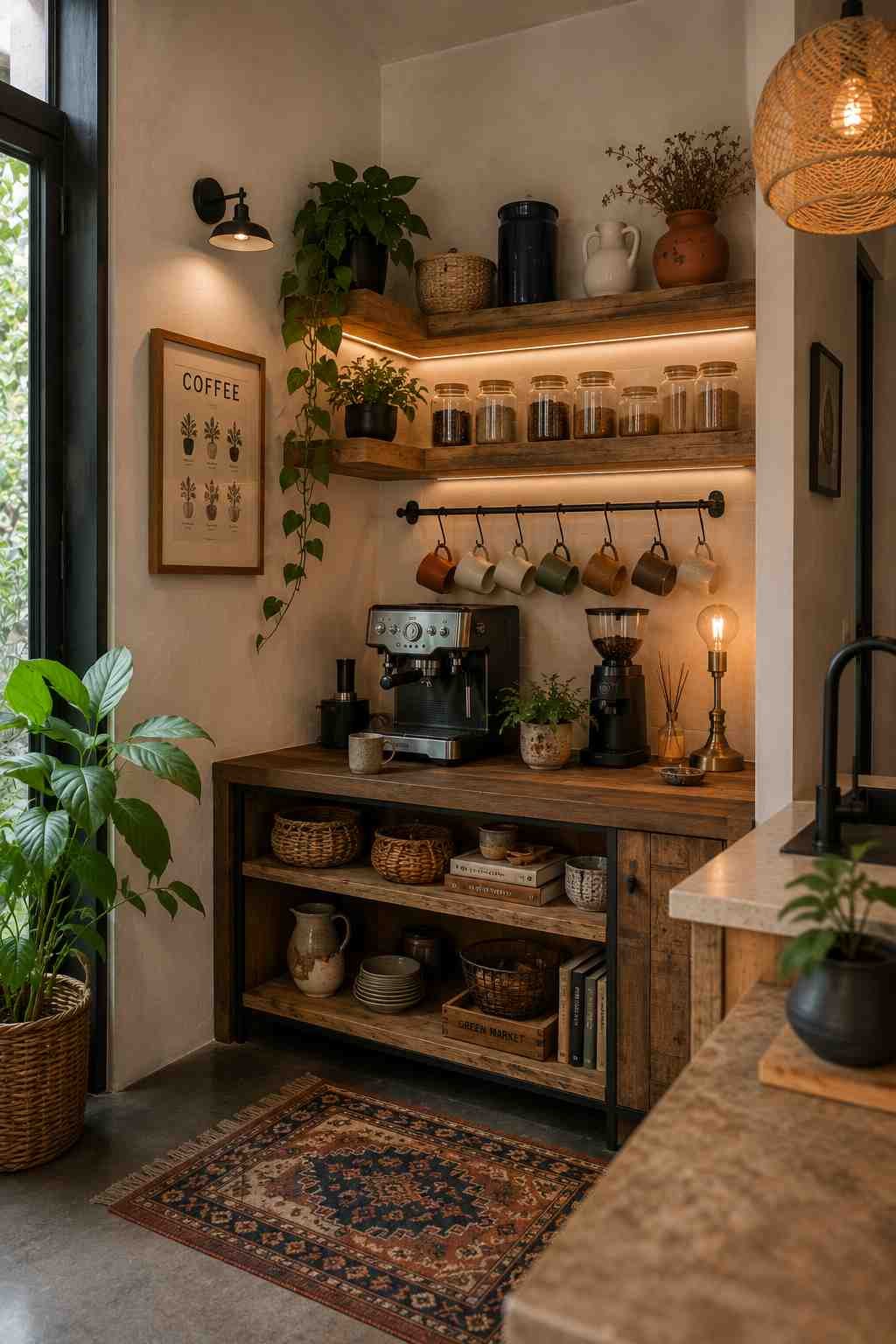 A rustic coffee bar with wooden shelves, an espresso setup, glass jars, and earthy décor creating a warm café-inspired corner