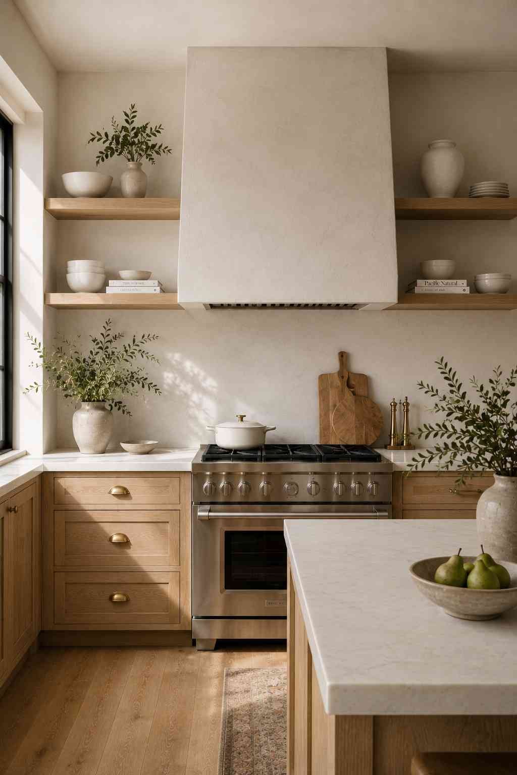 Ultra-realistic luxury kitchen featuring open white oak floating shelves flanking a hand-plastered range hood, natural white oak lower cabinets, white quartz countertops, warm brass hardware, curated white ceramic décor, and soft natural daylight in a modern organic design.