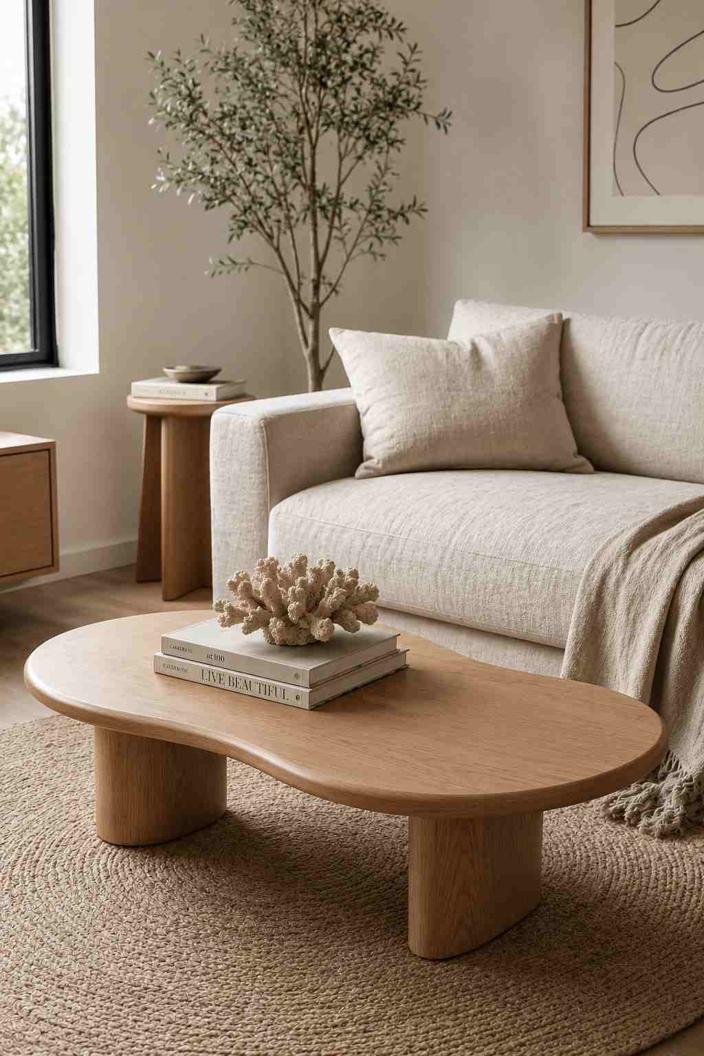 Organic curved kidney-shaped wood coffee table in a Scandinavian style small living room