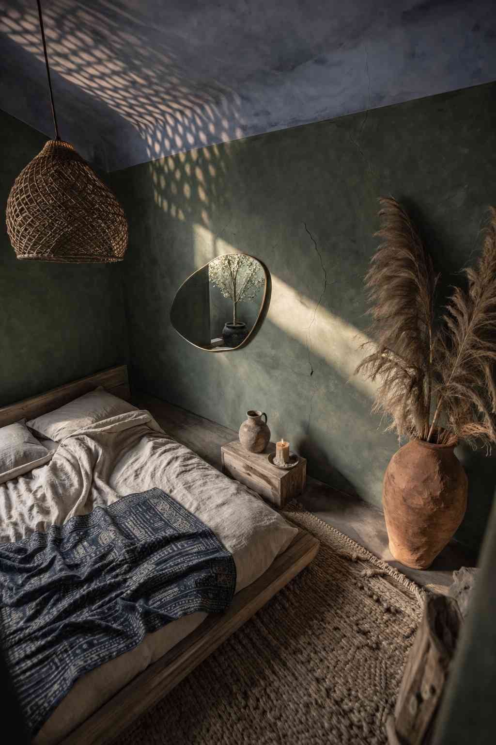 A cozy, rustic bedroom with deep green textured walls, soft linen bedding, and warm natural light streaming through the room. A woven pendant lamp casts beautiful patterned shadows, while pampas grass, handmade pottery, and a simple wooden bedside table create a peaceful, earthy retreat with a relaxed, lived-in feel.