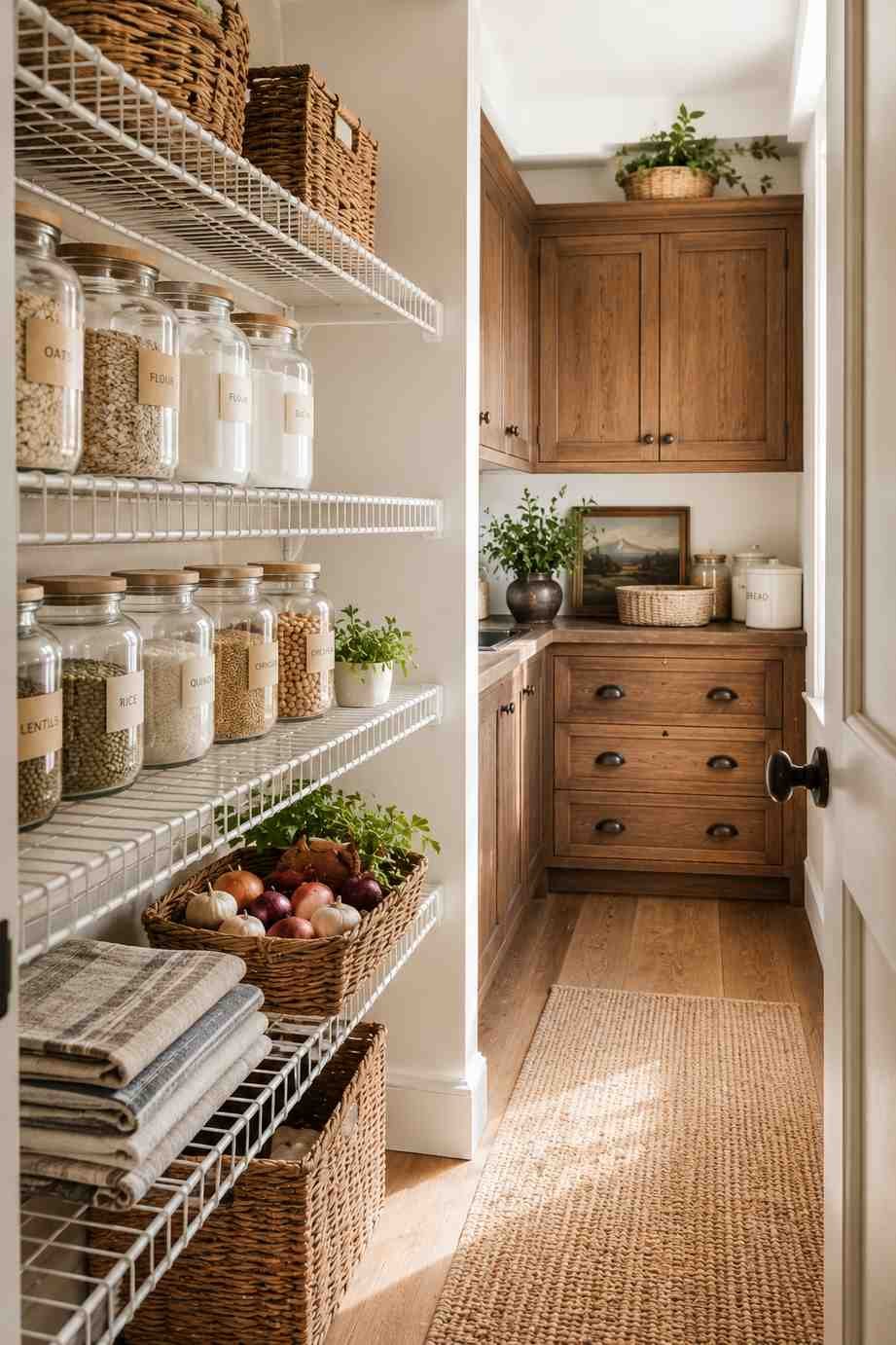 A bright walk-in pantry features open wire shelving filled with labeled glass jars, wicker baskets, fresh produce, and neatly folded linen towels. Warm wood cabinetry at the back provides hidden storage, while soft natural daylight creates a clean, organized, and welcoming extension of the highland kitchen.