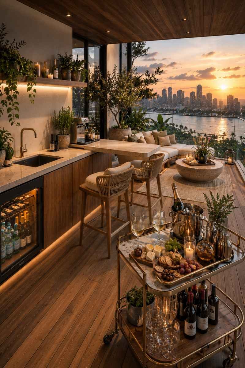 A modern balcony with a compact outdoor kitchenette, stylish bar cart, cozy lounge seating, and a beautiful sunset city view, creating the perfect space for relaxing and entertaining guests.