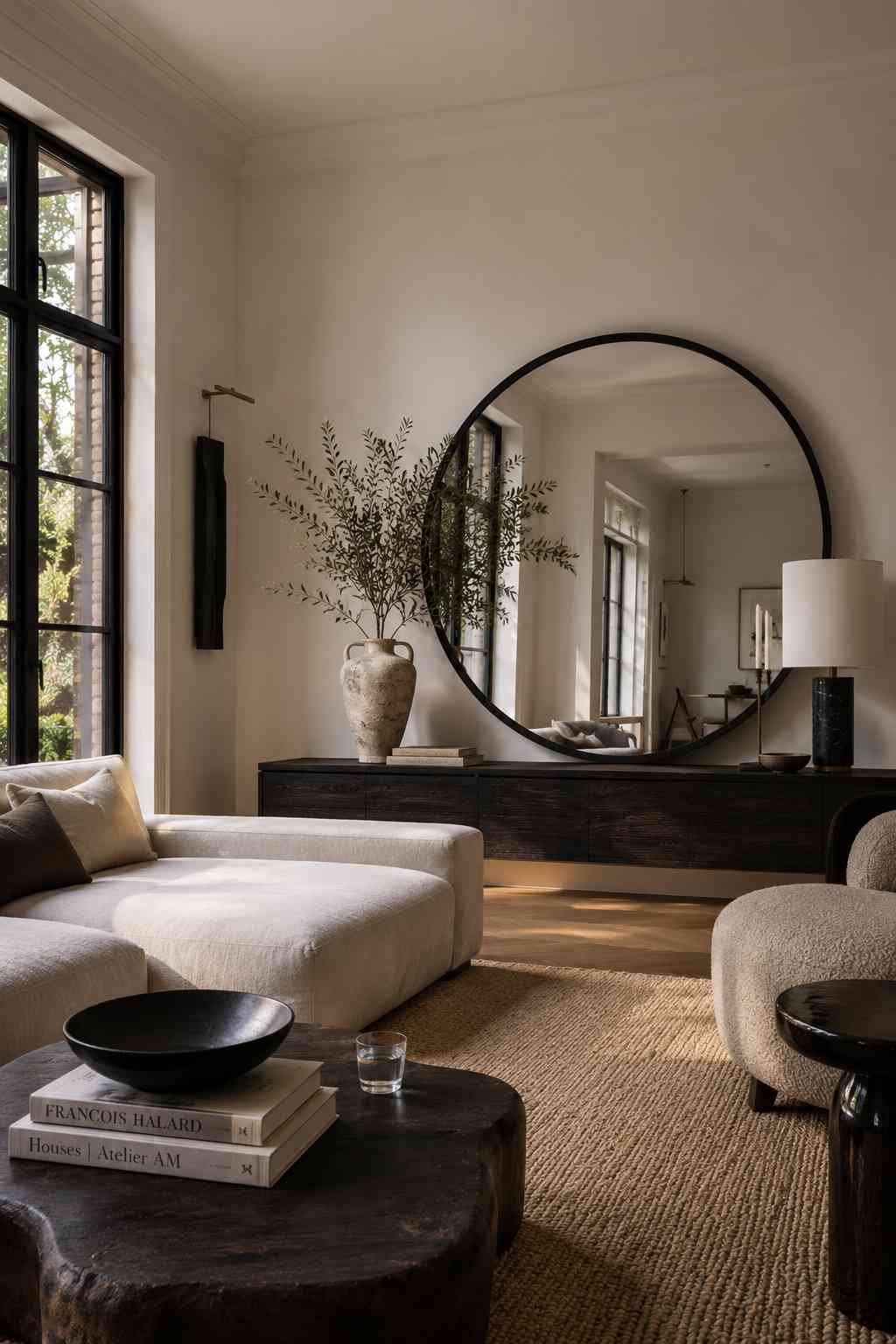 Oversized black-framed mirror leaning against a white wall in a bright minimalist living room with oak furniture and neutral decor.