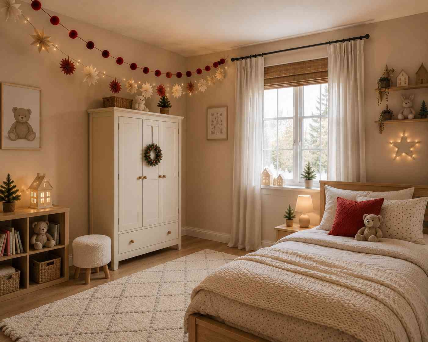 Warm neutral children's bedroom decorated for Christmas with festive garlands, cozy bedding, wooden furniture, and soft holiday lighting.