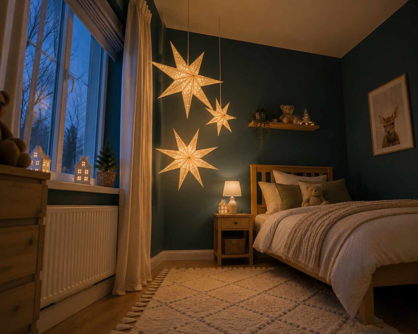 Moody blue kids' bedroom featuring illuminated star lanterns, warm lighting, wooden furniture, and cozy Christmas decor