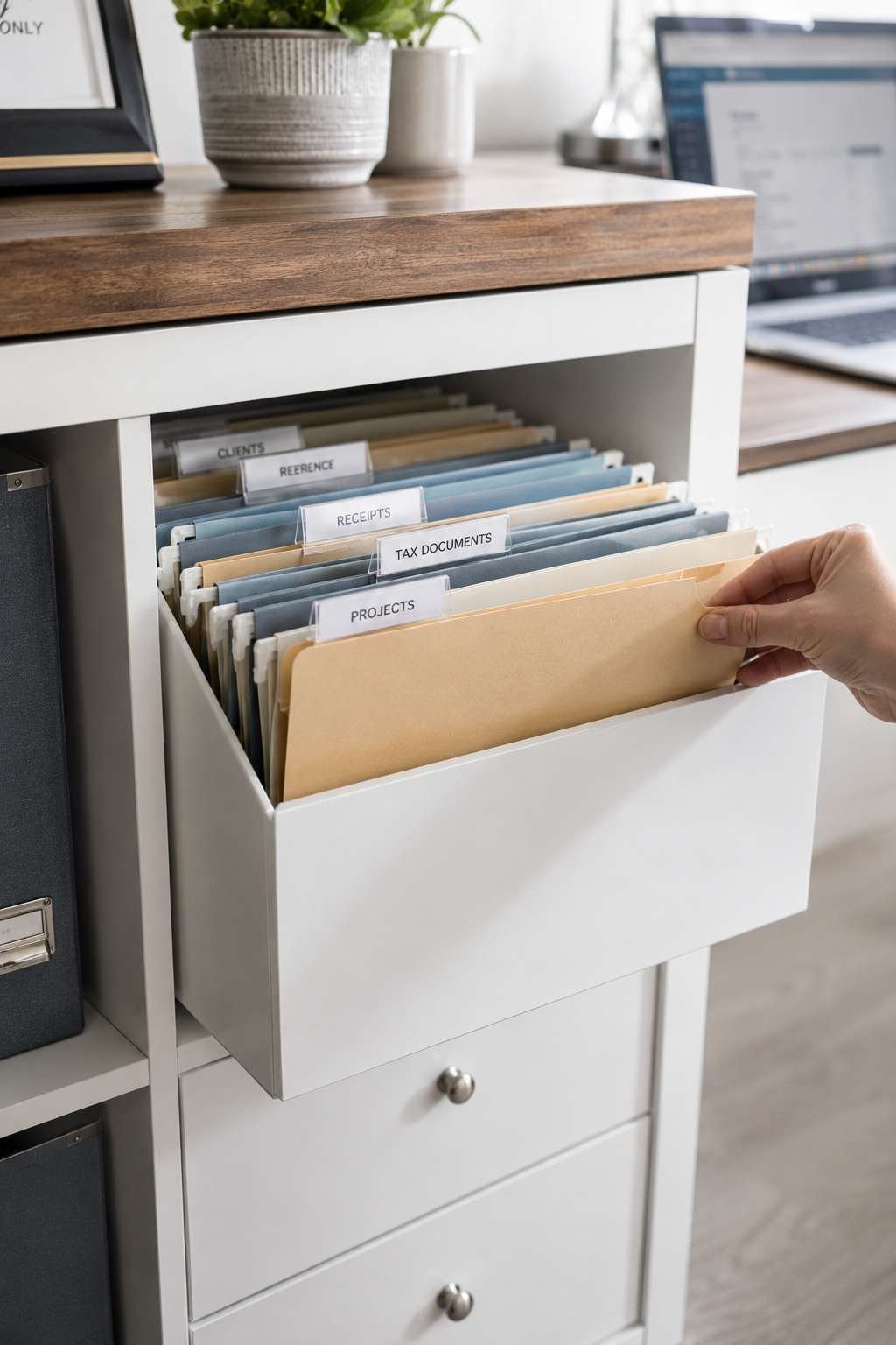 Organized home office drawer with hanging file folders for receipts, tax documents, projects, and client records built into a white IKEA KALLAX storage unit.
