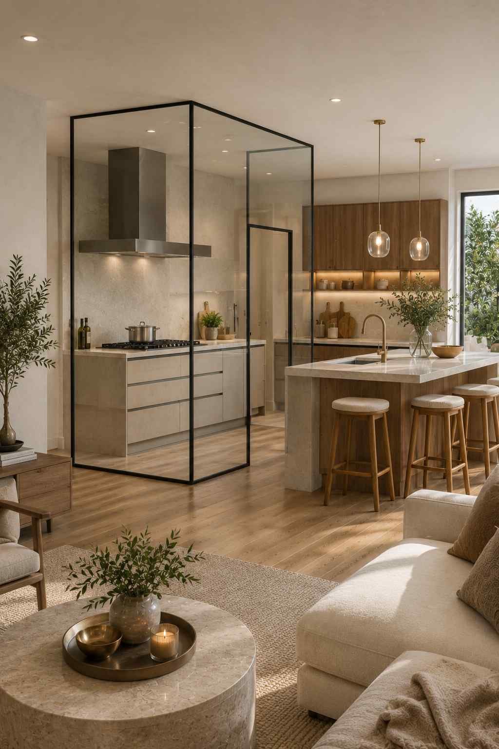 A modern open-plan kitchen and living room featuring a partial floor-to-ceiling glass partition enclosing only the cooking area. The clear glass surrounds the stove and chimney hood to contain oil splatter and steam, while the kitchen island, sink, and living space remain fully open and connected.