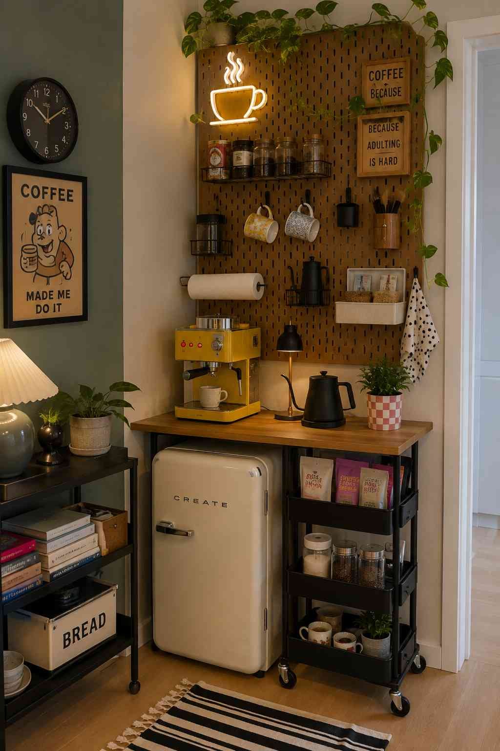 A creative pegboard coffee bar featuring organized accessories, a compact espresso machine, and playful decor