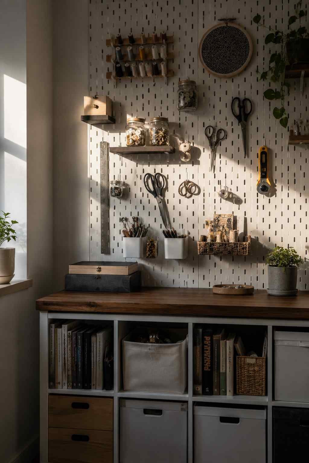 Craft room featuring an IKEA SKÅDIS pegboard above a wooden worktop with organized sewing tools, storage cubes, books, and decorative accents. 