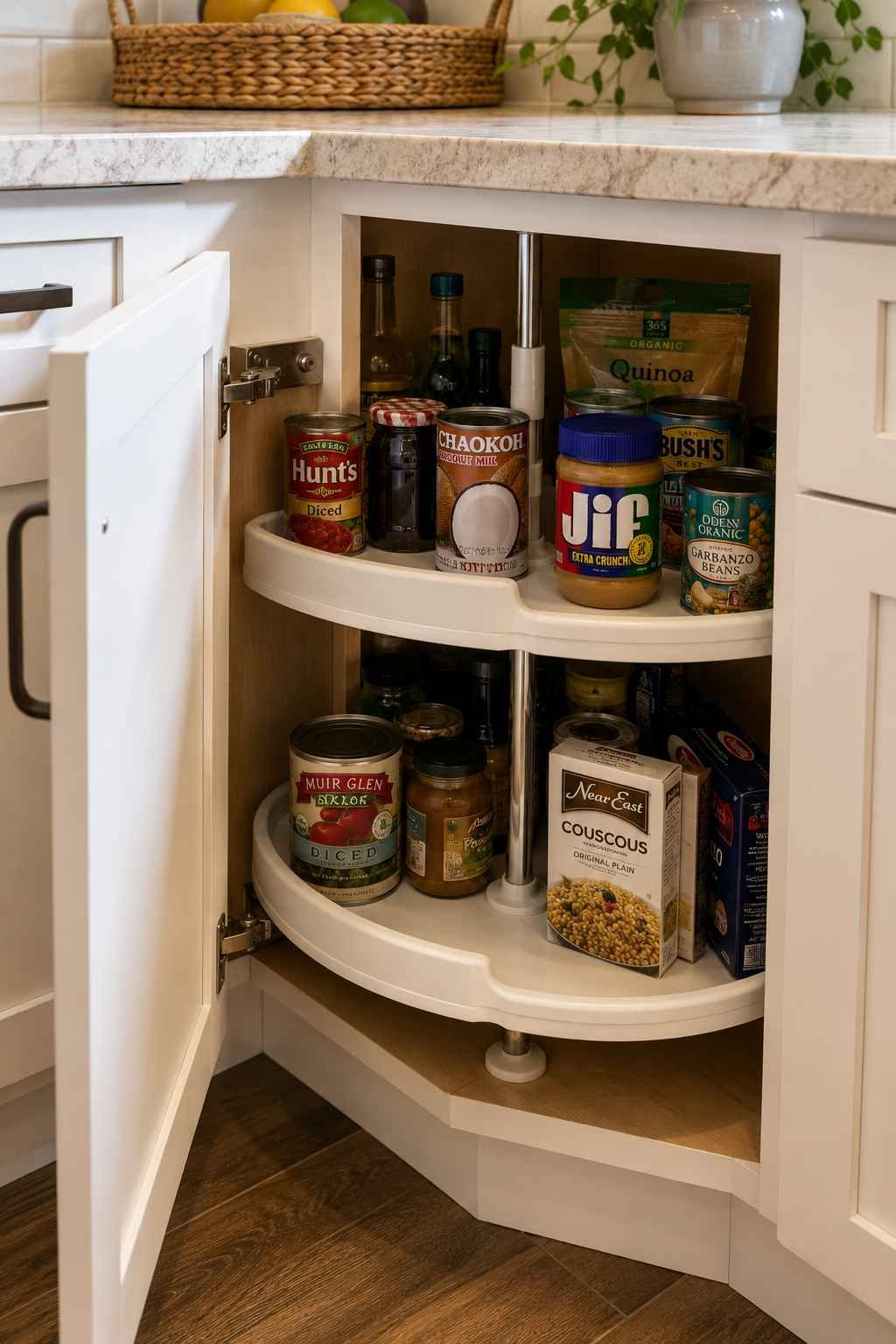Open corner kitchen cabinet with a pie cut lazy Susan shelf system, featuring rotating white shelves, everyday pantry items, shaker cabinets, and practical corner storage for easy kitchen organization.