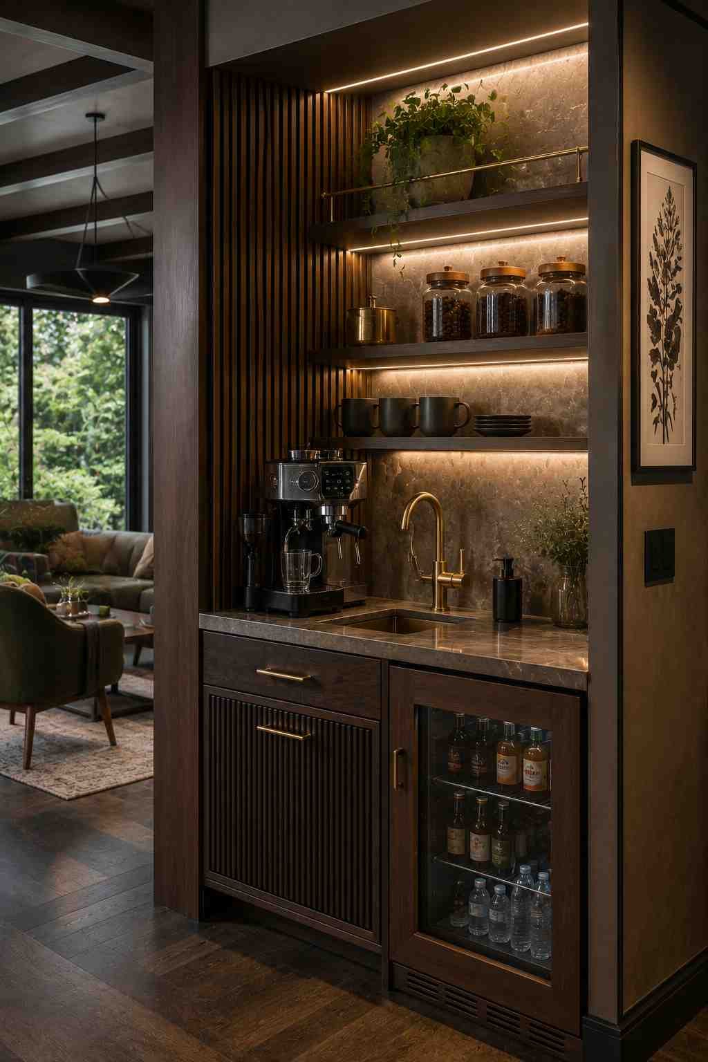 A sleek built-in coffee nook with a sink, slatted wood panels, open shelving, and integrated lighting.