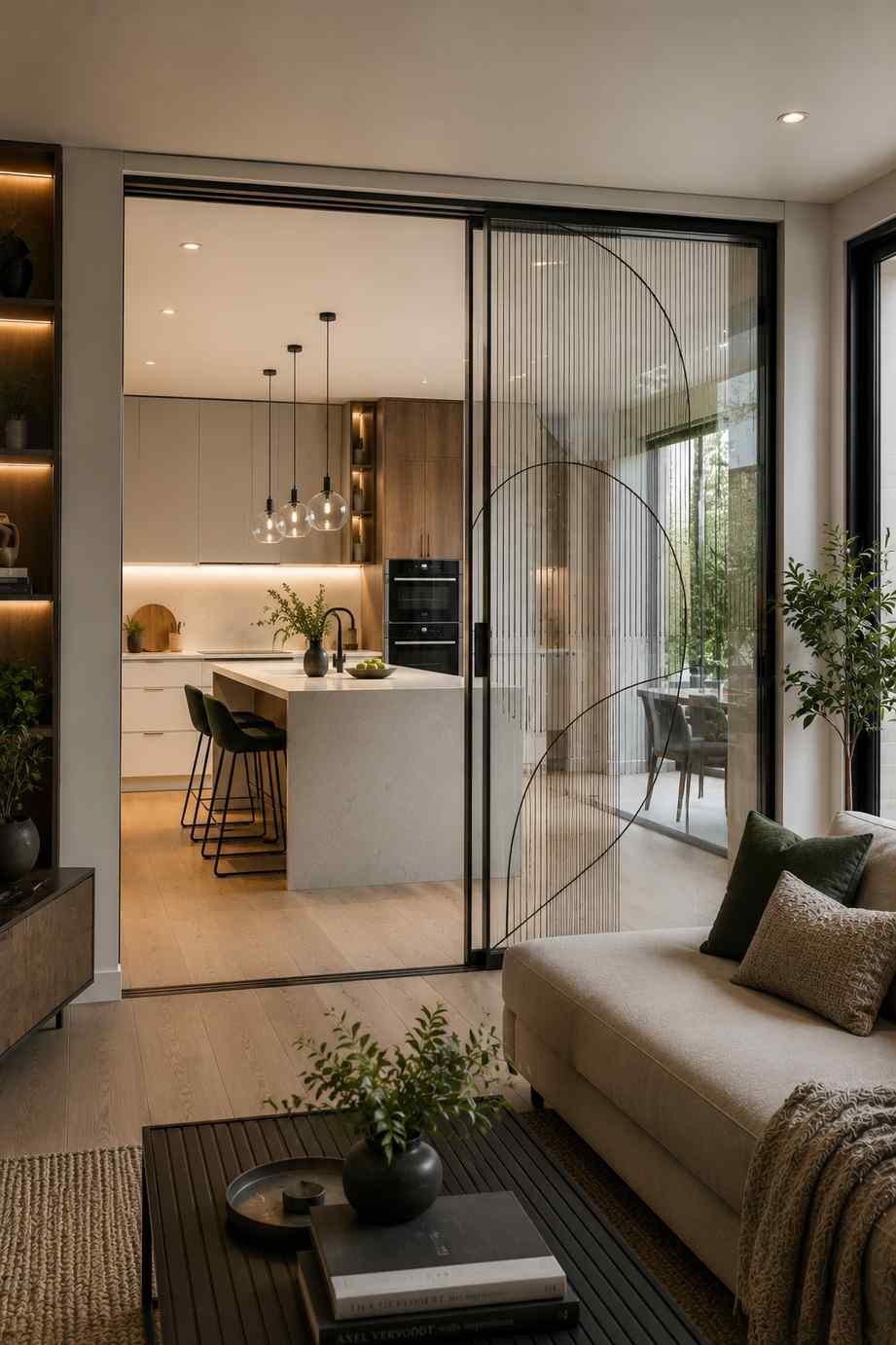 A modern home featuring a floor-to-ceiling pocket sliding glass partition with an elegant decorative pattern. The glass panel slides neatly into a hidden wall pocket when open, creating a seamless connection between the kitchen and living room while adding a stylish design element and maintaining a bright, airy feel.
