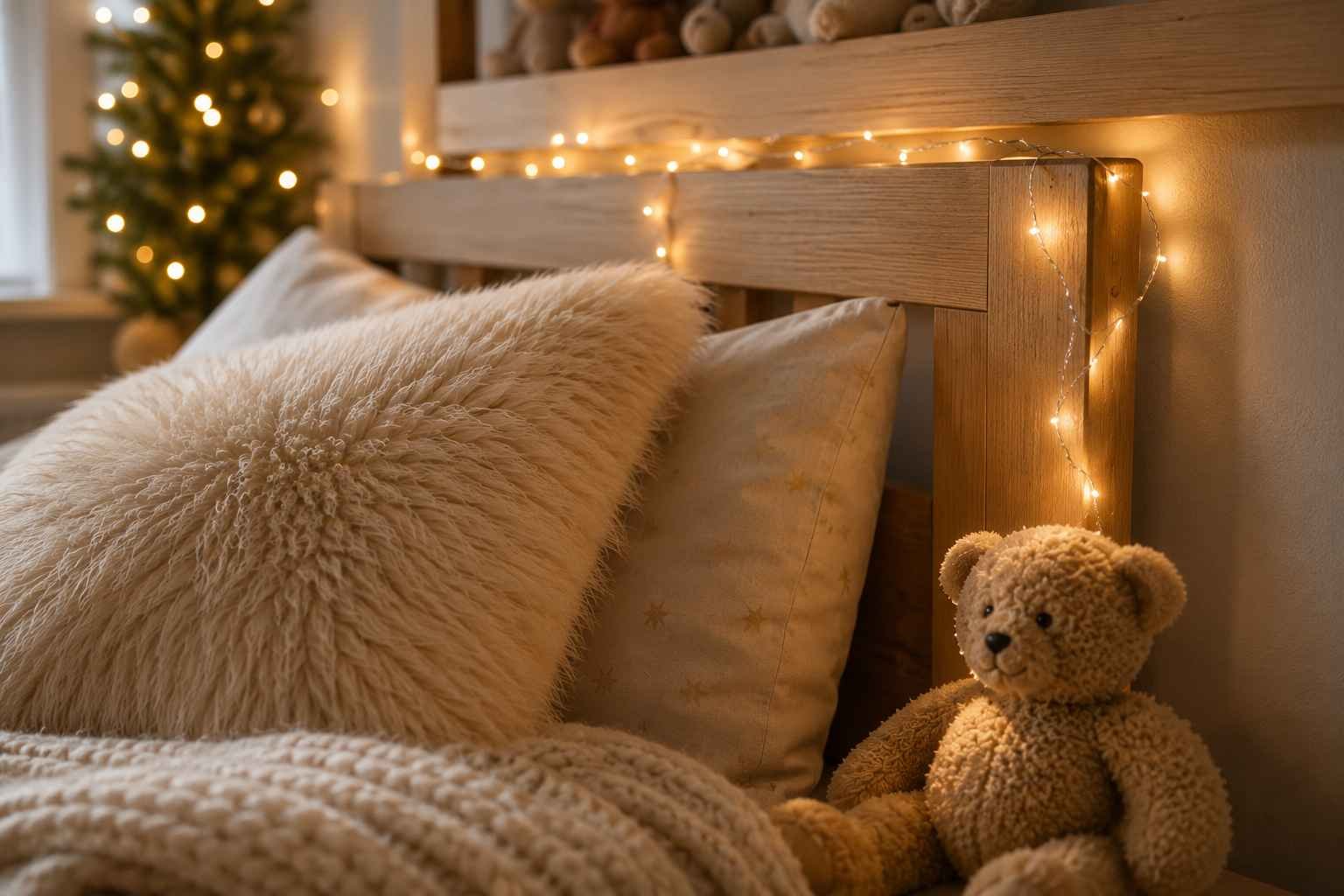 Cozy Christmas kids' bedroom featuring a wooden bed with warm fairy lights, fluffy pillows, a teddy bear, and a softly lit Christmas tree in the background.