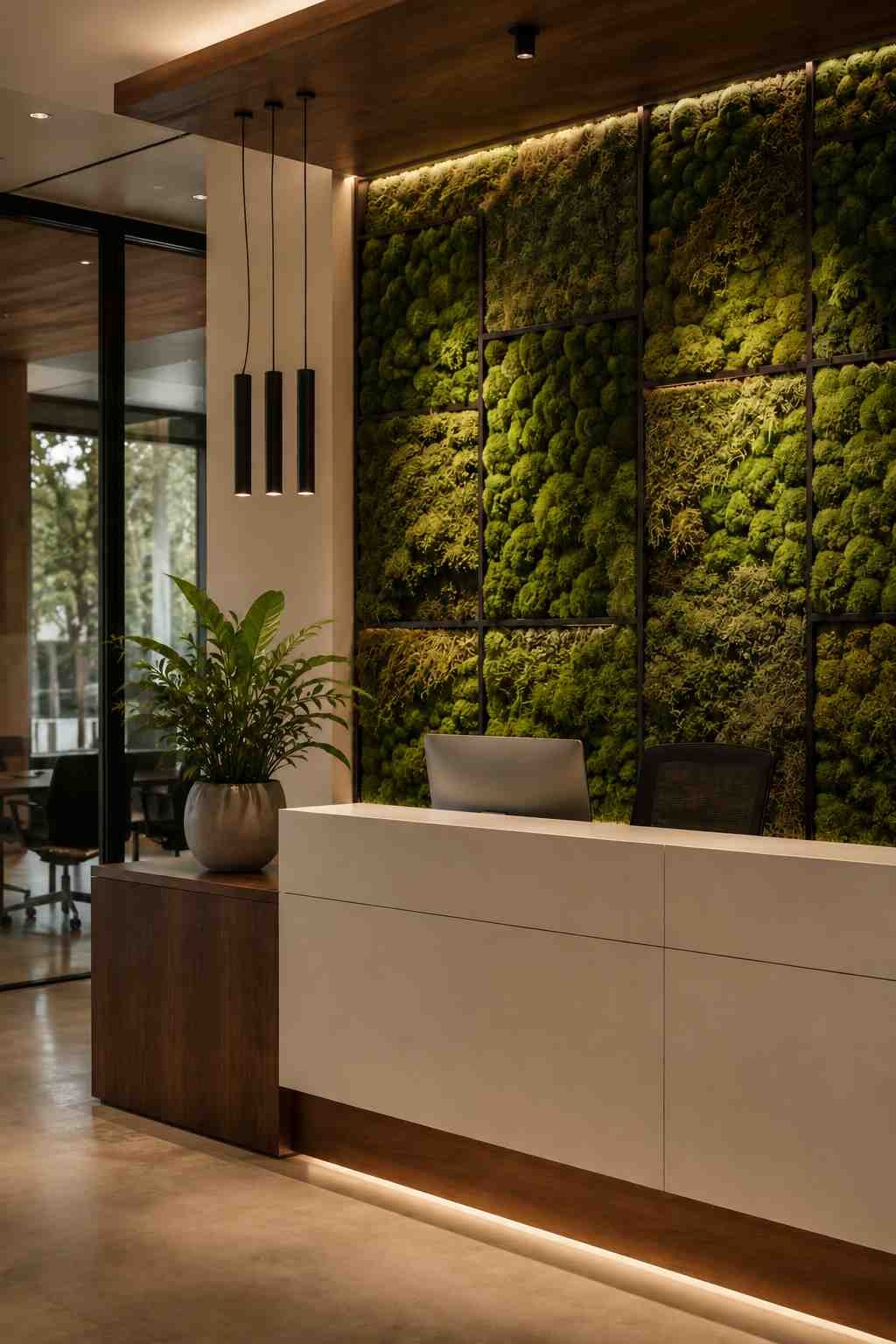 Preserved green moss panel accent wall installed behind a modern office reception desk 