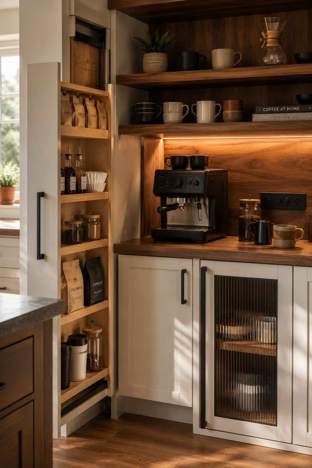 Small corner kitchen with a slim pull-out pantry beside a built-in coffee station, featuring walnut shelves, matte white cabinets, a black espresso machine, warm LED lighting, and organized coffee storage.