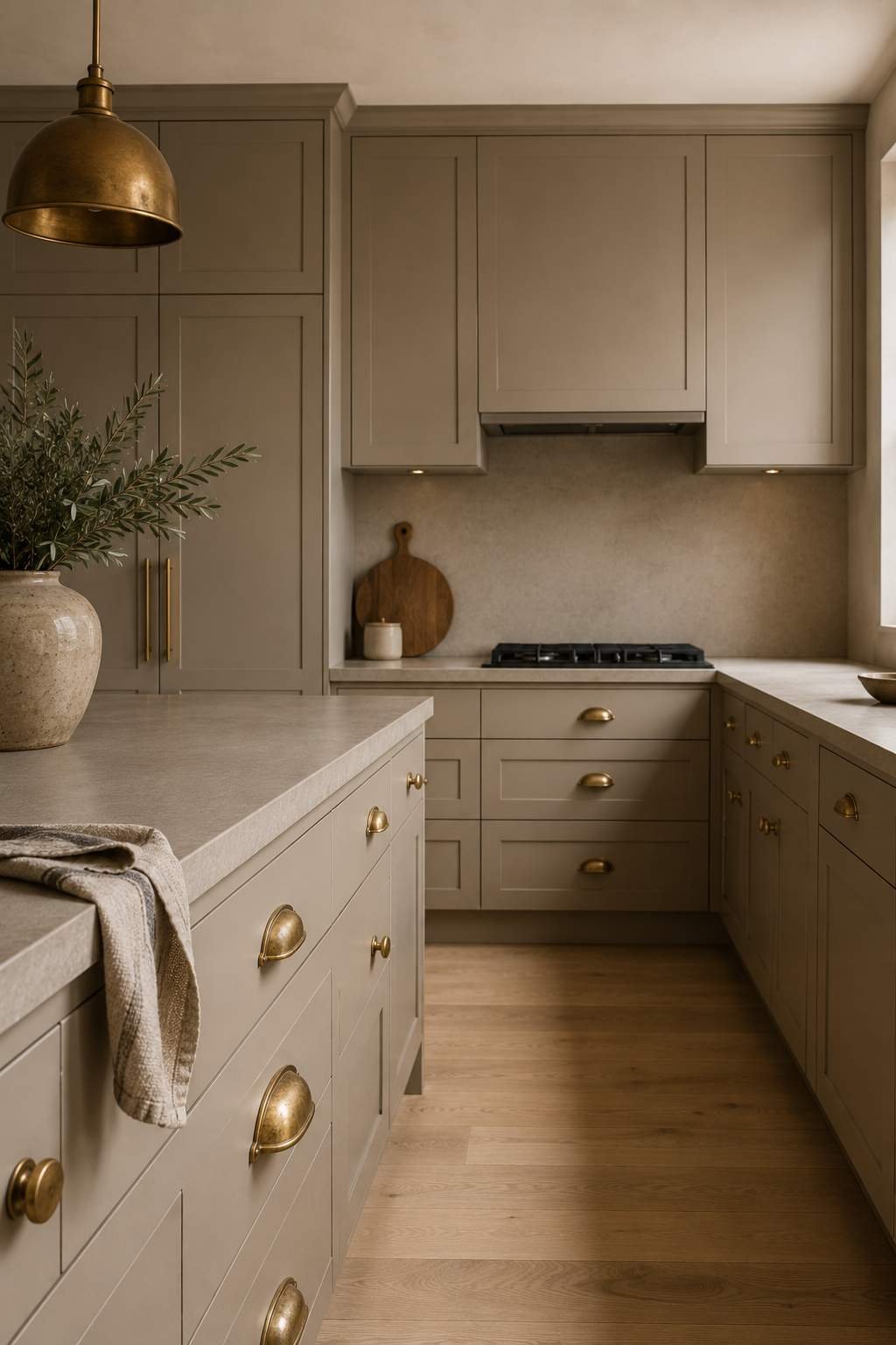 Sophisticated modern kitchen featuring putty beige cabinets, unlacquered brass hardware with natural patina, honed neutral stone countertops, warm white oak flooring, and soft natural light creating a timeless, understated luxury aesthetic.