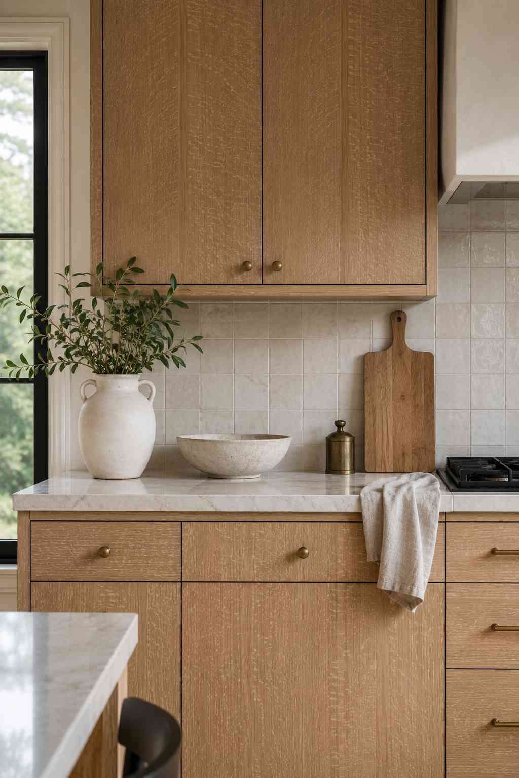 Ultra-realistic luxury kitchen featuring quarter-sawn white oak slab cabinets with distinctive ray fleck grain, white quartz countertops, warm brass hardware, light stone backsplash, soft natural daylight, and a timeless contemporary design highlighting the unique character of quarter-sawn oak.