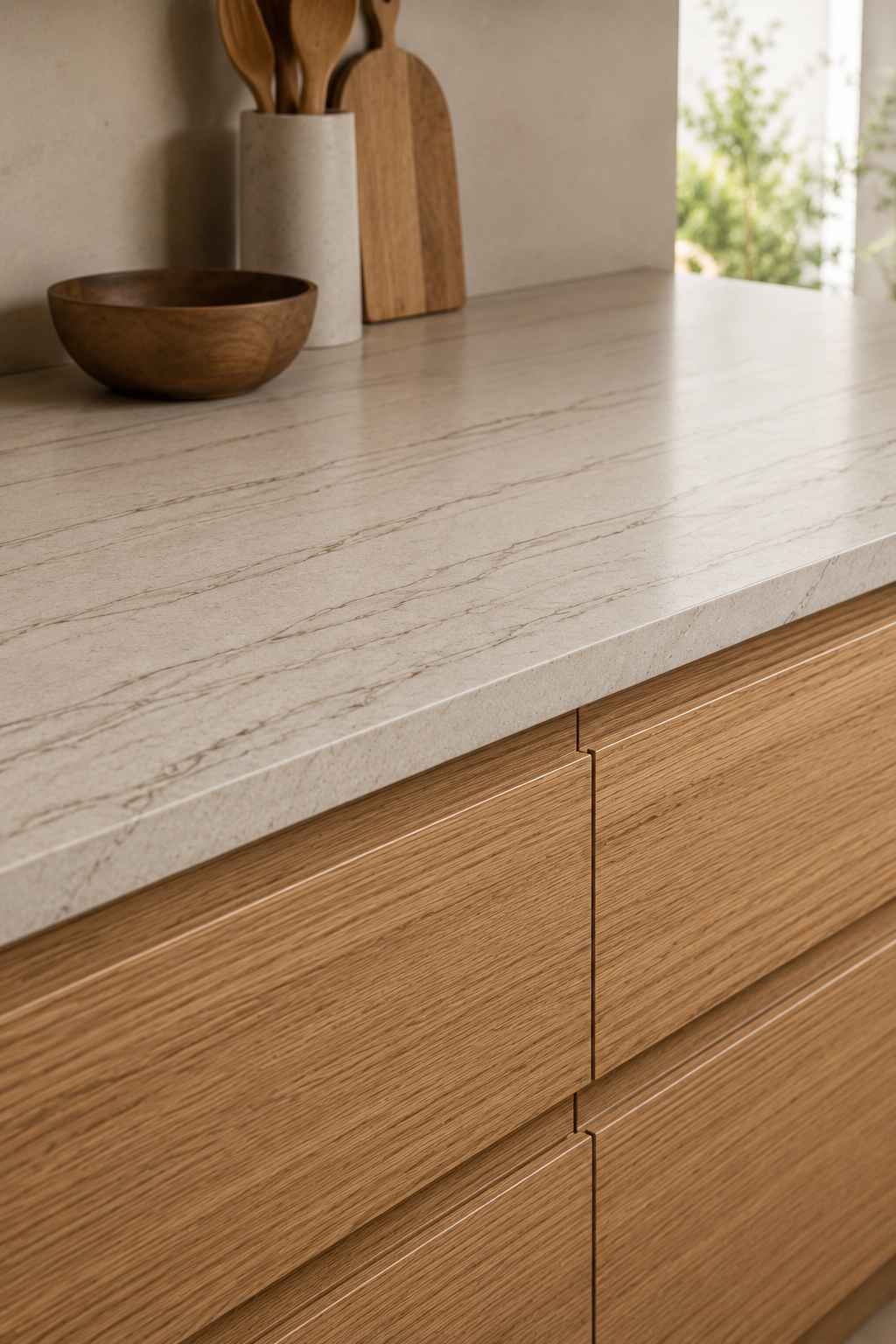 Close-up of a light quartz countertop with subtle linear veining paired with warm wood flat-panel cabinets, showcasing a modern minimalist kitchen design in soft natural light.