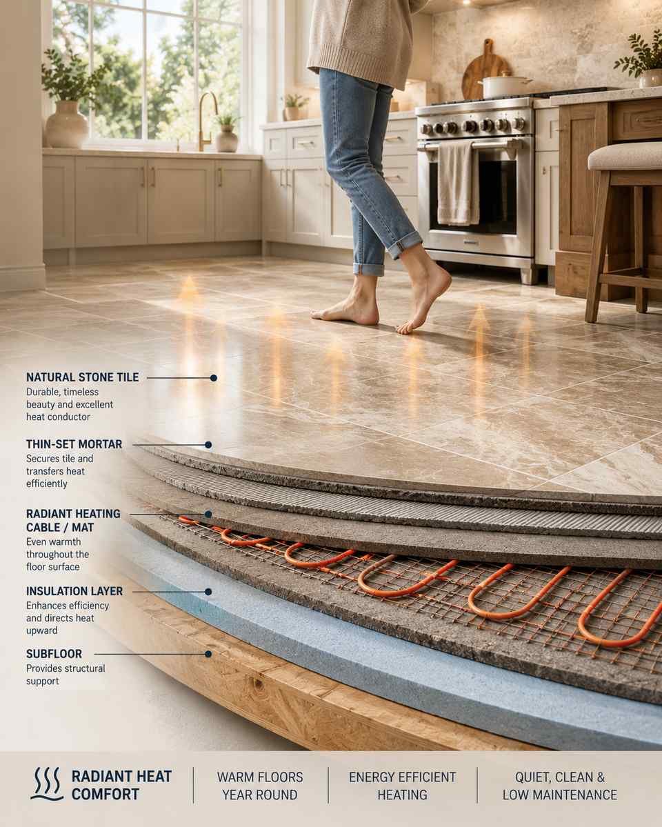 Architectural cutaway illustration of a modern kitchen floor showing natural stone tile installed over thin-set mortar, radiant heating cables, insulation, and a subfloor. A person stands barefoot on the warm stone tiles near the stove while soft morning sunlight fills the kitchen, highlighting the comfort and energy efficiency of radiant heated flooring.