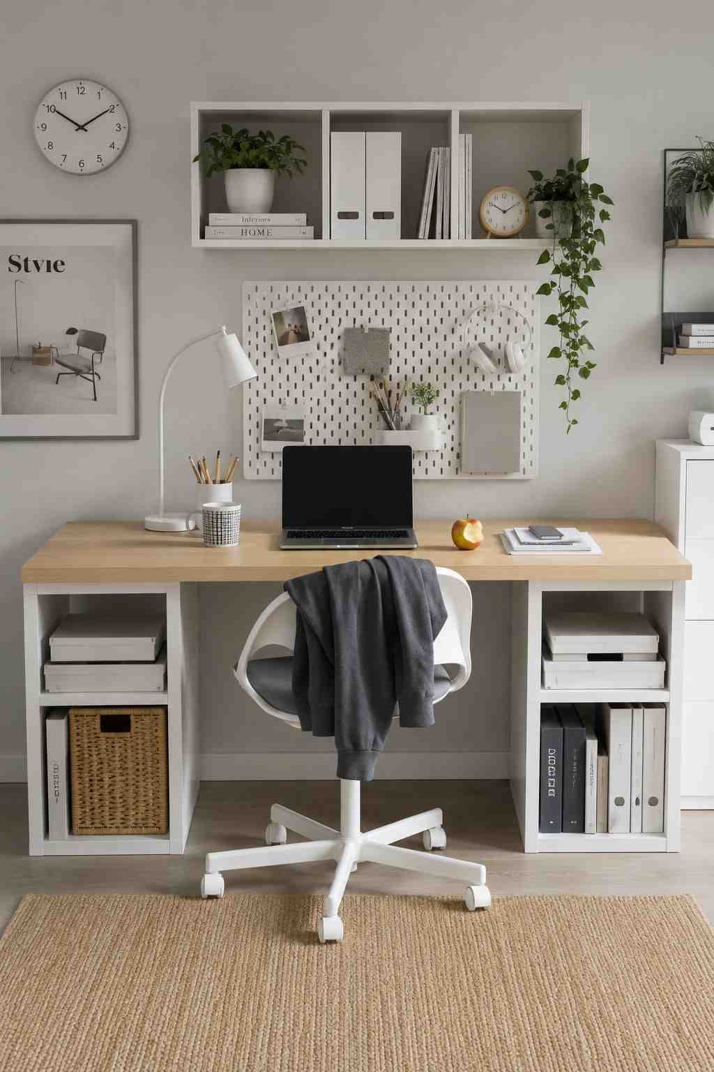 Minimalist IKEA KALLAX desk with a light wood top, white pegboard organizer, floating shelf, and modern home office storage.