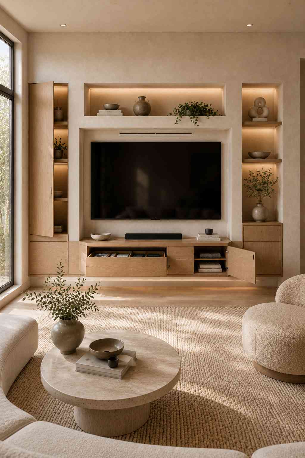 A modern Organic Modern living room featuring a recessed wall-mounted TV set within a custom-built niche surrounded by floor-to-ceiling cabinetry, illuminated display shelves, and concealed storage. The seamless built-in media wall combines warm oak finishes, hidden drawers, and integrated lighting to create a clean, architectural entertainment space with generous storage.