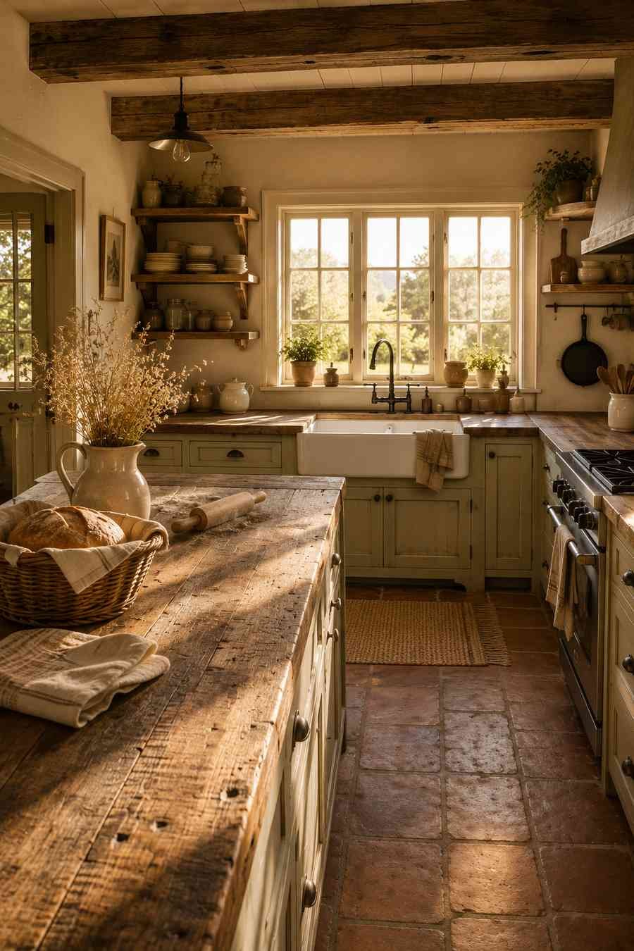 Sunlit farmhouse kitchen featuring reclaimed barn wood countertops, sage green shaker cabinets, a white apron-front farmhouse sink, exposed wood ceiling beams, terracotta tile flooring, and vintage rustic décor in warm golden afternoon light.