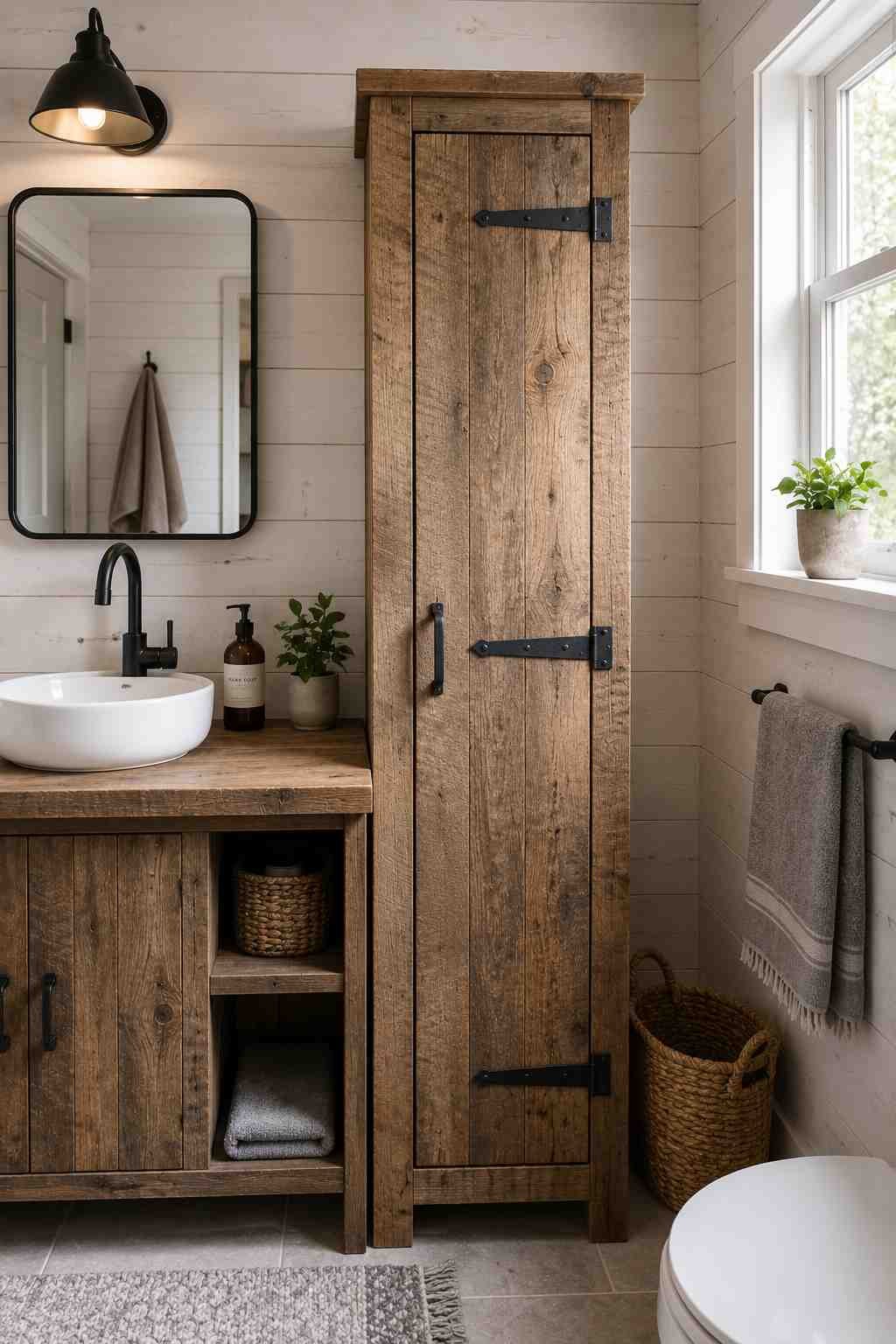 Rustic farmhouse bathroom linen cabinet with reclaimed wood finish