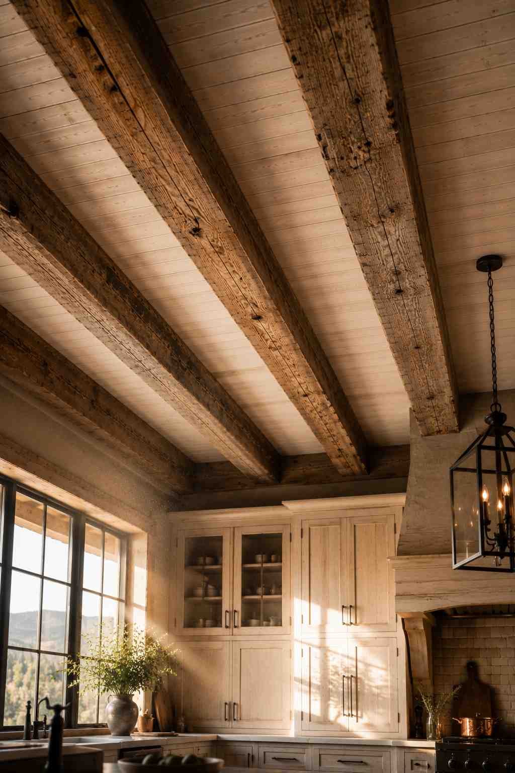 An upward view of a highland-style kitchen showcasing three reclaimed timber beams across a whitewashed plank ceiling. Warm afternoon sunlight filters through the windows, catching dust in the air, while the tops of pale cabinets and a wrought iron pendant light add a cozy, handcrafted feel.