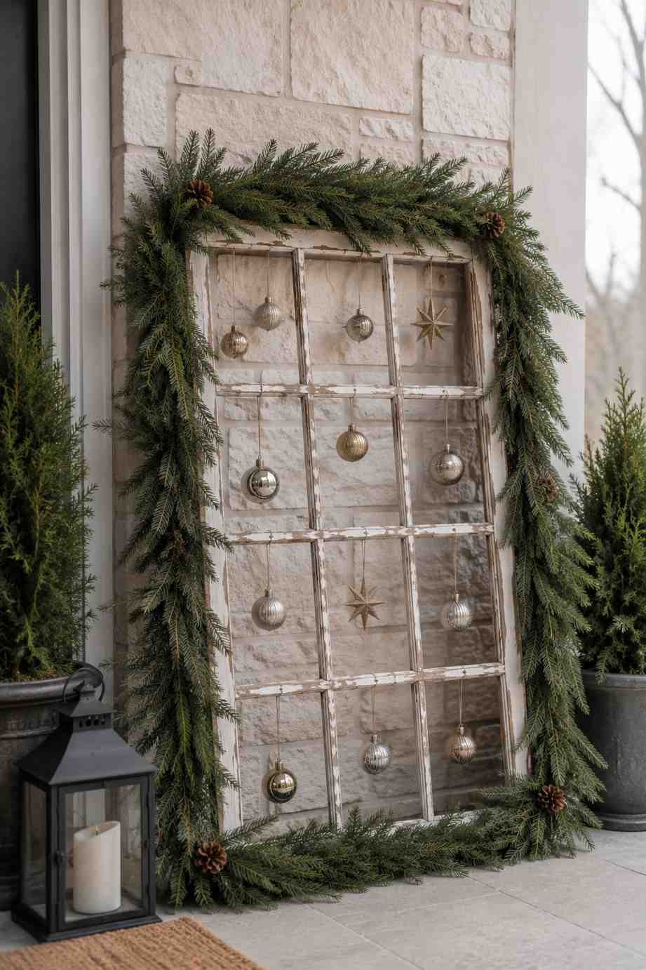 An old window frame decorated with evergreen garland and hanging ornaments leans against a front porch wall for a festive holiday display.