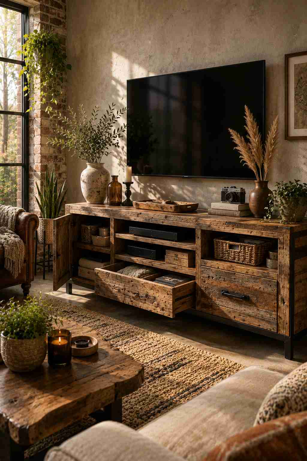 A cozy industrial-style living room featuring a reclaimed wood TV unit with weathered timber, black metal accents, and organized storage. Open drawers and cabinets reveal woven baskets, books, blankets, and media devices, while warm sunlight highlights the natural grain and character of the reclaimed wood.