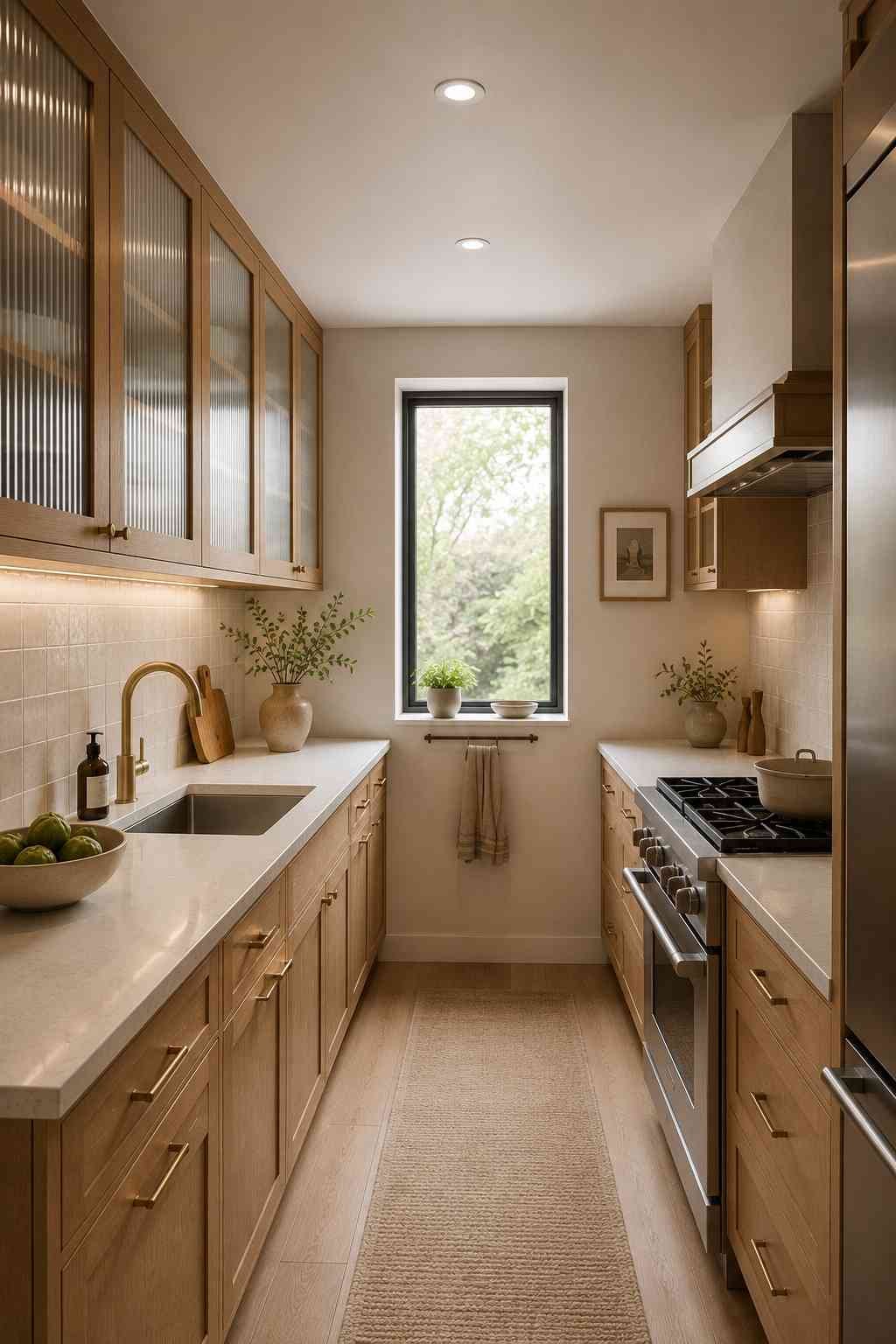 Ultra-realistic small galley kitchen featuring reeded glass upper cabinets with white oak frames, solid white oak lower cabinets, white quartz countertops, warm brass hardware, integrated under-cabinet lighting, a large window filling the space with natural light, and a clean contemporary design that maximizes brightness and openness.