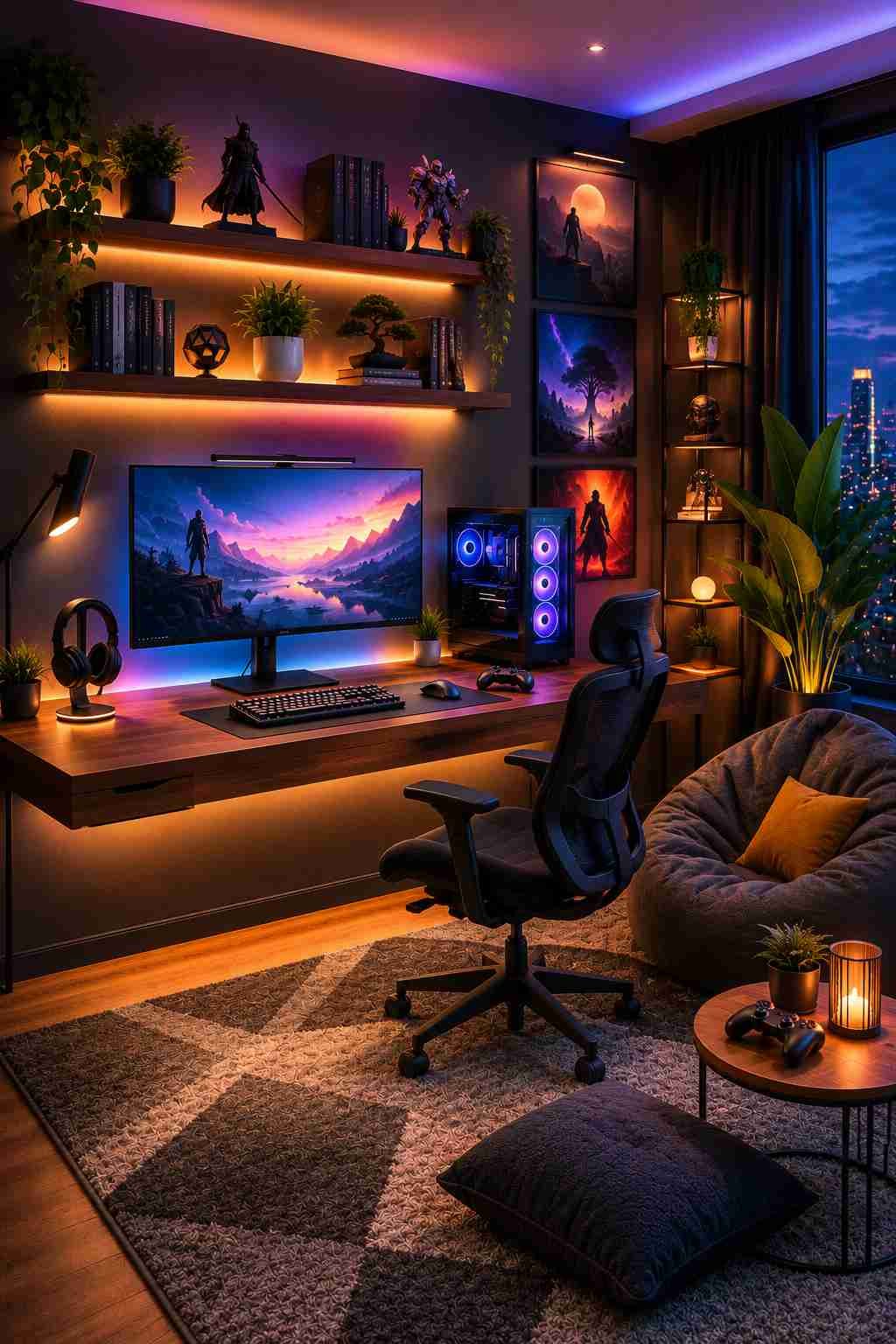 A cozy gaming room with updated wall art, fresh shelf décor, and a new LED color scheme, showing how a few small changes can make the space feel brand new without replacing the furniture.