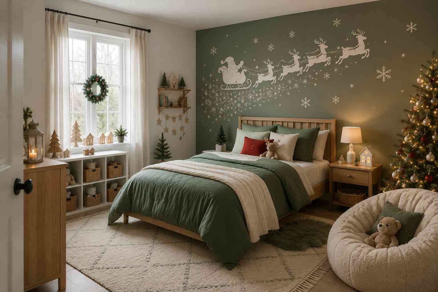Festive kids' bedroom decorated for Christmas with a Santa sleigh wall decal, green bedding, decorated Christmas tree, wooden accents, and cozy holiday decorations.