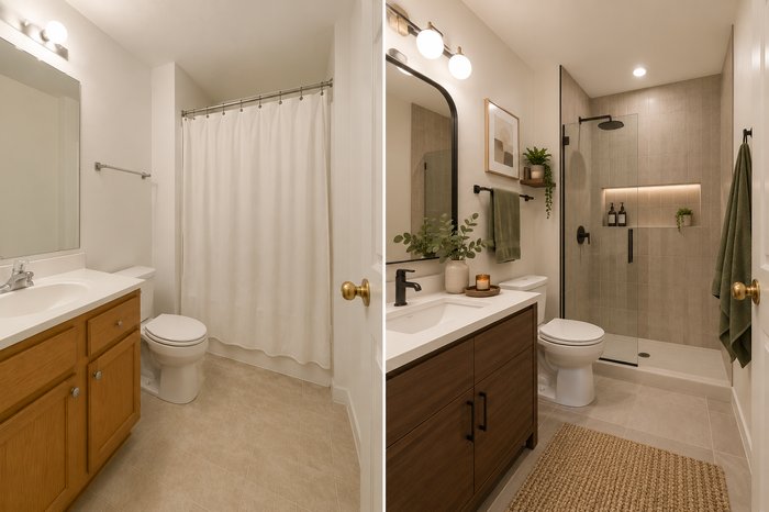 A side-by-side comparison of a bathroom before and after a renovation. The left image shows a basic bathroom with a wood vanity, large mirror, and shower curtain, while the right image reveals a modern makeover featuring a dark wood vanity, black fixtures, a glass walk-in shower, built-in shower niche, soft lighting, and greenery. The transformation creates a brighter, more stylish, and spa-like space