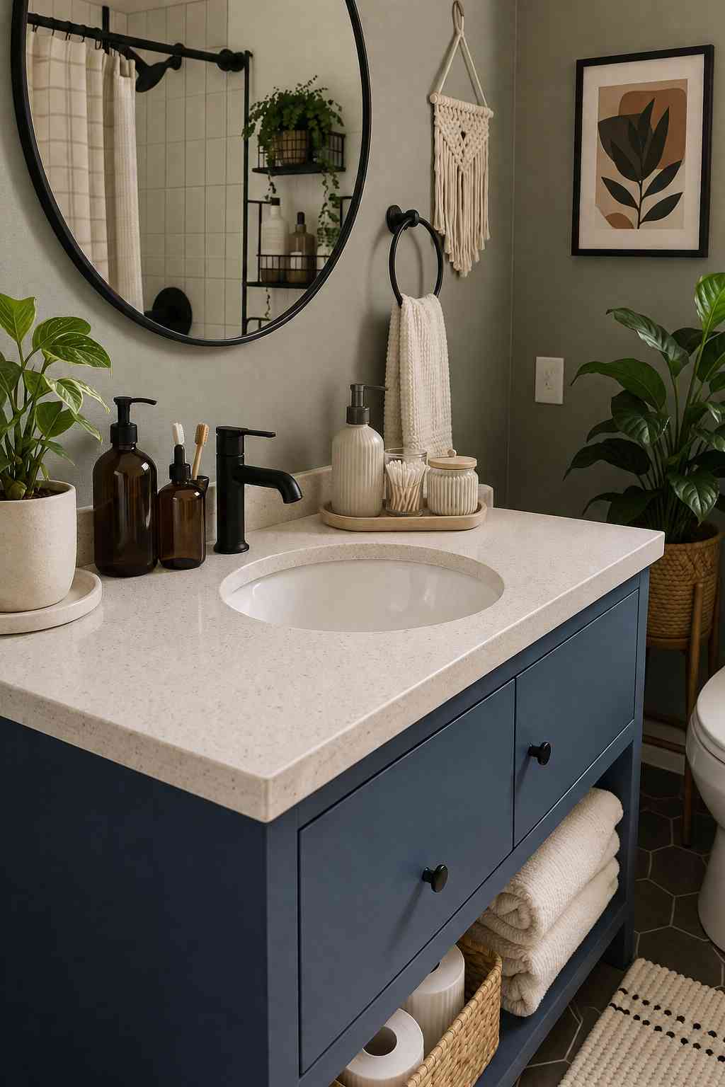 A stylish bathroom with a navy blue vanity, white quartz countertop, and matte black faucet. Soft green walls, leafy plants, woven baskets, and simple wall art give the space a fresh, cozy look with plenty of practical storage.