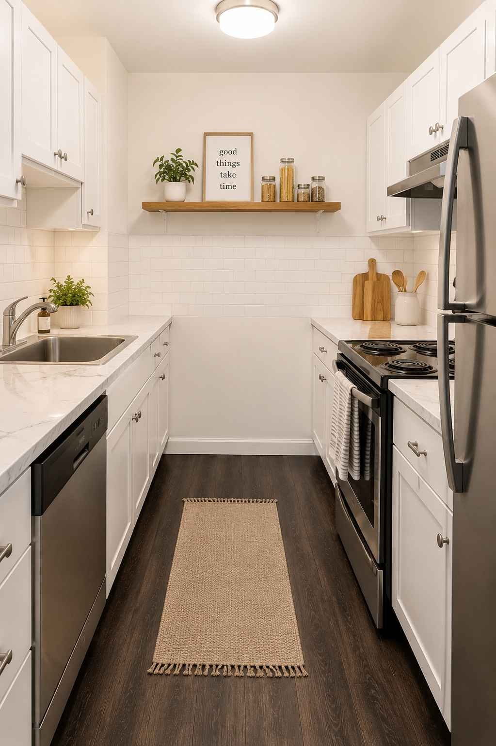 Modern rental galley kitchen featuring dark vinyl plank flooring, white cabinets with brushed nickel hardware, a white peel-and-stick subway tile backsplash, a removable floating oak shelf, white countertops, and stainless steel appliances for an affordable renter-friendly upgrade.
