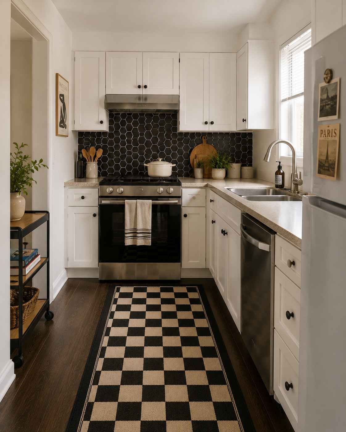 A small rental kitchen with white cabinets, removable black hexagon tile backsplash decals behind the range, a black-and-cream checkerboard runner rug, dark wood flooring, and stainless steel appliances. The temporary updates add bold graphic contrast and style without making any permanent changes, making the space ideal for renters.