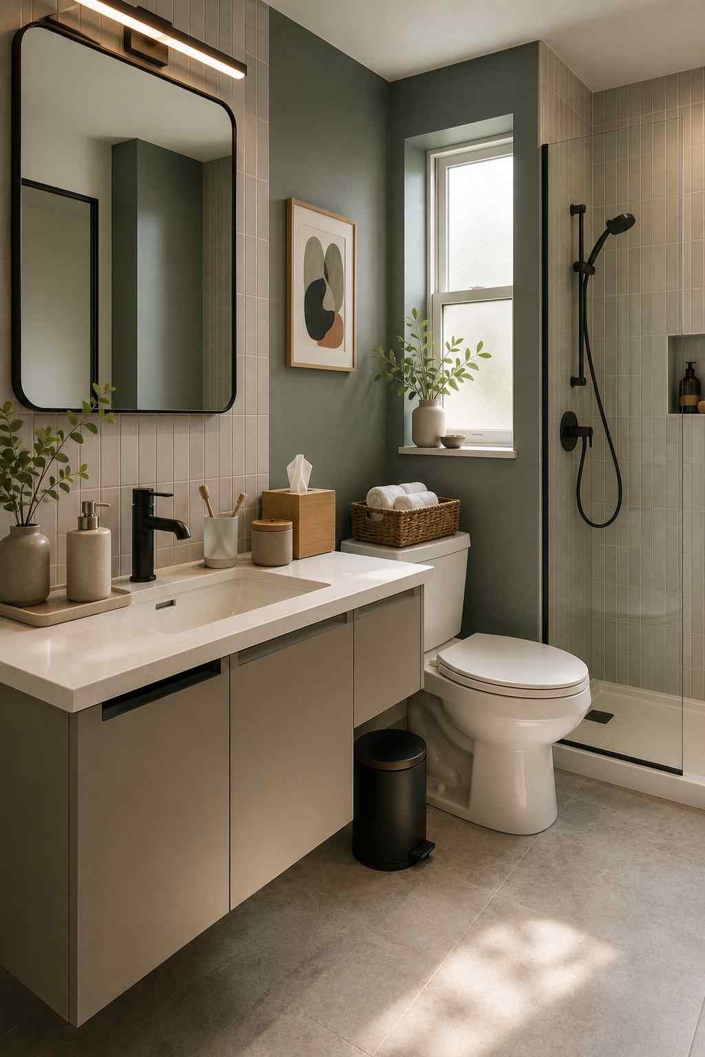 Contemporary sage green bathroom with a floating vanity, black fixtures, frameless glass shower, large mirror, indoor plants, and neutral modern decor.