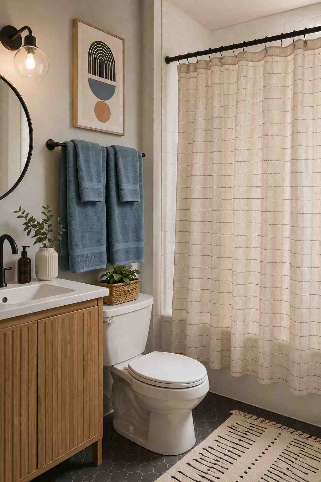Bright bathroom with a light wood vanity, blue towels, and a simple beige linen shower curtain with subtle stitched stripes, giving the space a clean and relaxed modern feel.