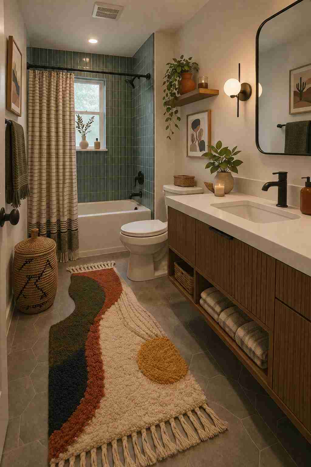 A cozy modern bathroom with a warm wood vanity, blue-green shower tiles, and matte black fixtures. A colorful abstract runner rug adds personality, while floating shelves, potted plants, candles, and soft lighting create a welcoming, lived-in feel.