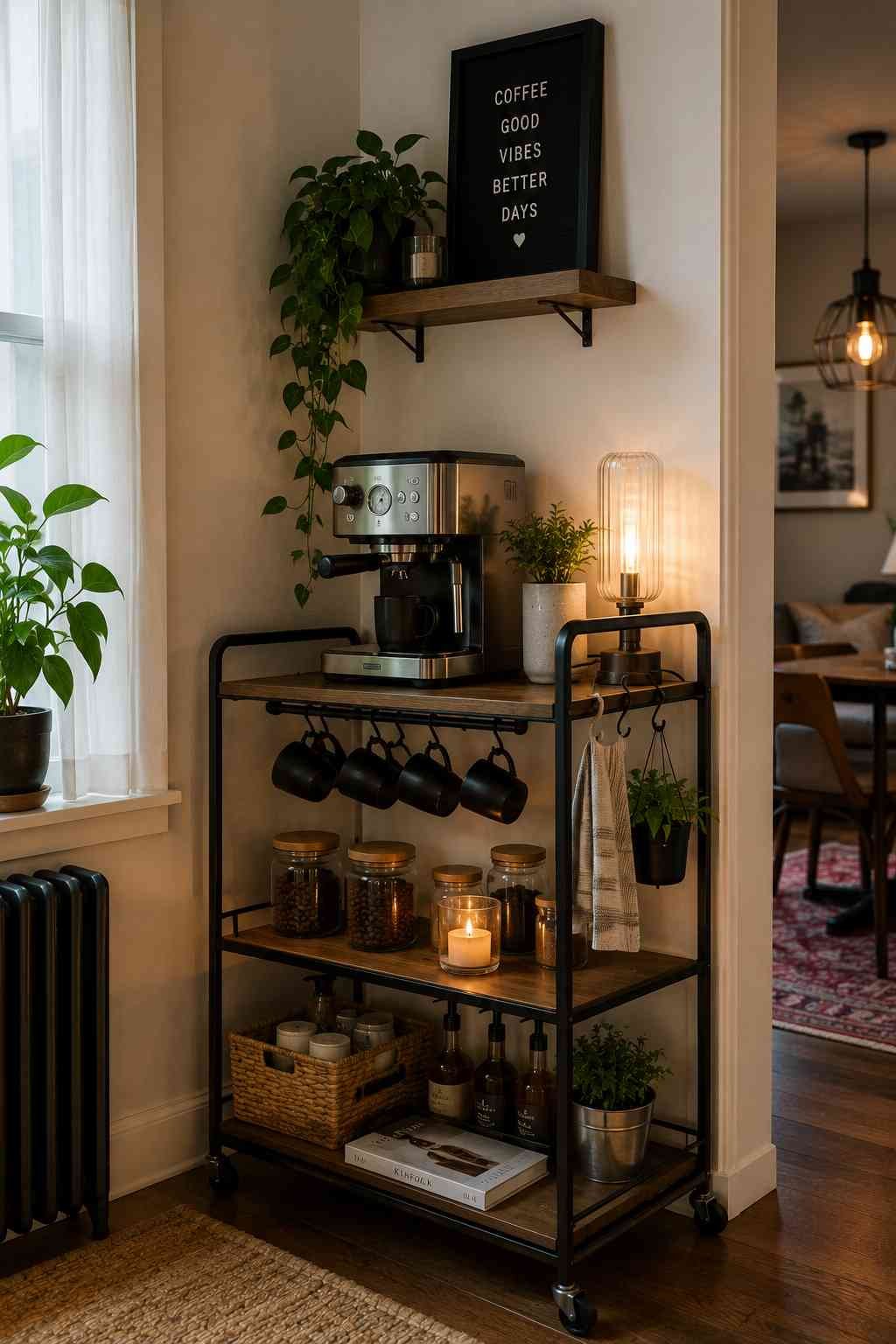A rolling coffee cart styled with an espresso machine, mugs, coffee bean jars, and soft ambient lighting.