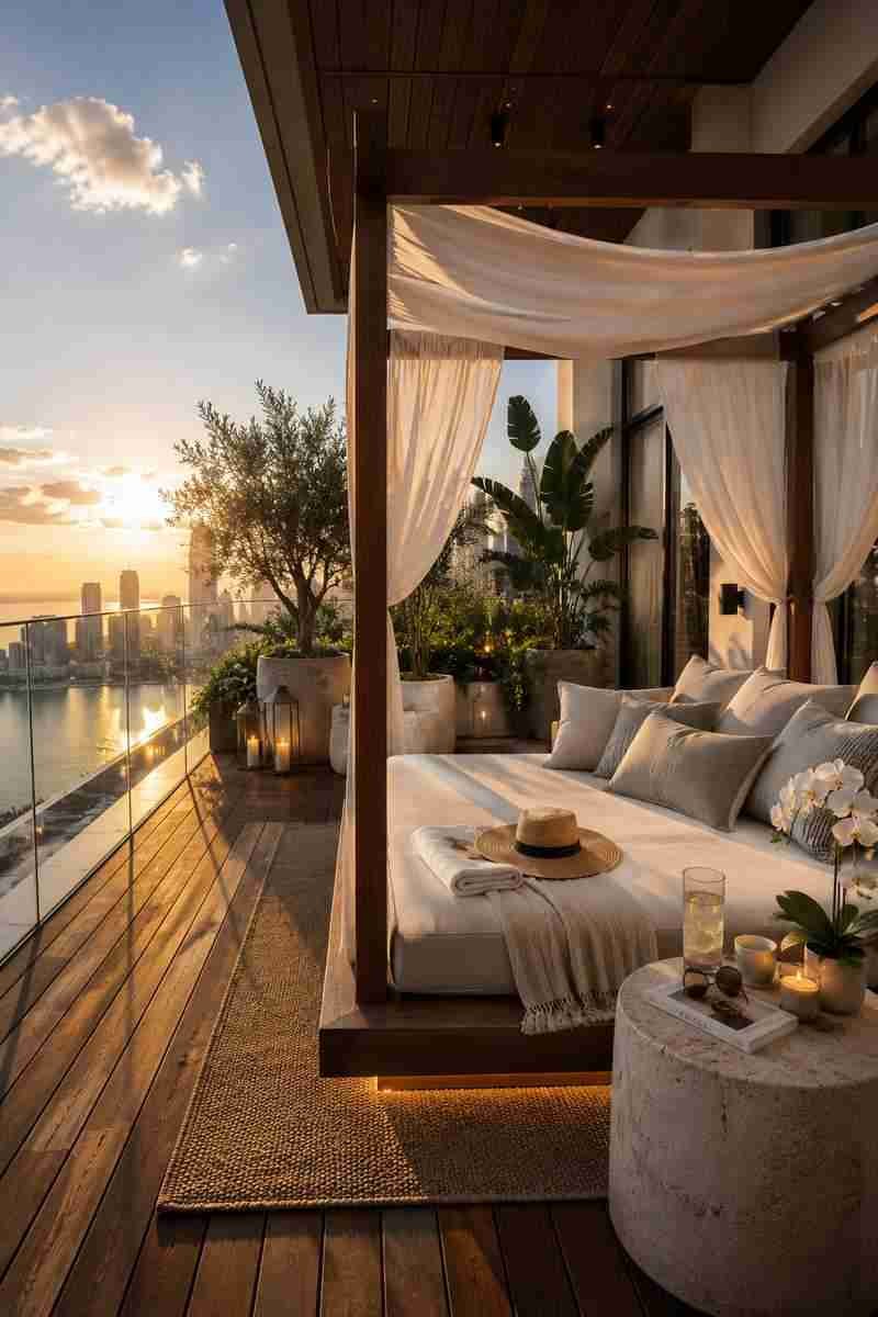 Resort-Style Daybed Lounge: A Luxurious Balcony Retreat with Panoramic Views