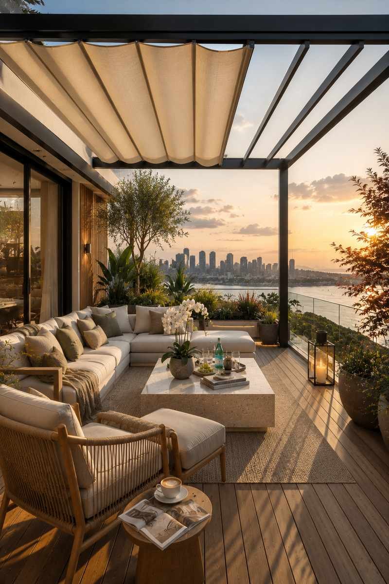 A modern balcony with a retractable pergola, cozy outdoor seating, warm wood decking, lush plants, and stunning waterfront sunset views, creating a stylish and comfortable outdoor retreat.
