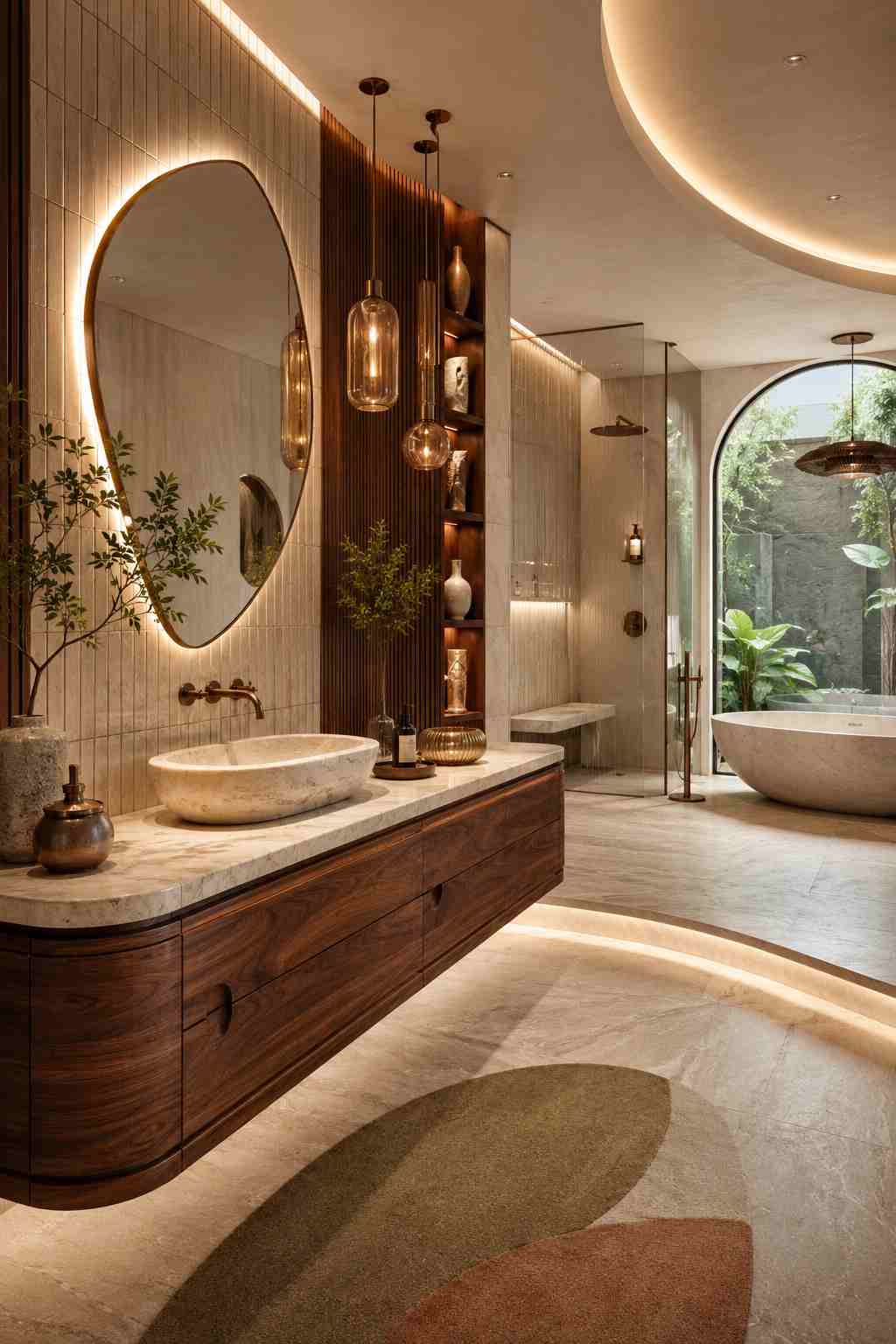 Luxurious contemporary bathroom featuring a floating walnut vanity with a stone countertop and vessel sink, a large backlit organic-shaped mirror, warm pendant lighting, a spacious glass walk-in shower, a freestanding bathtub beside an arched window overlooking lush greenery, and soft ambient lighting for a spa-inspired atmosphere.