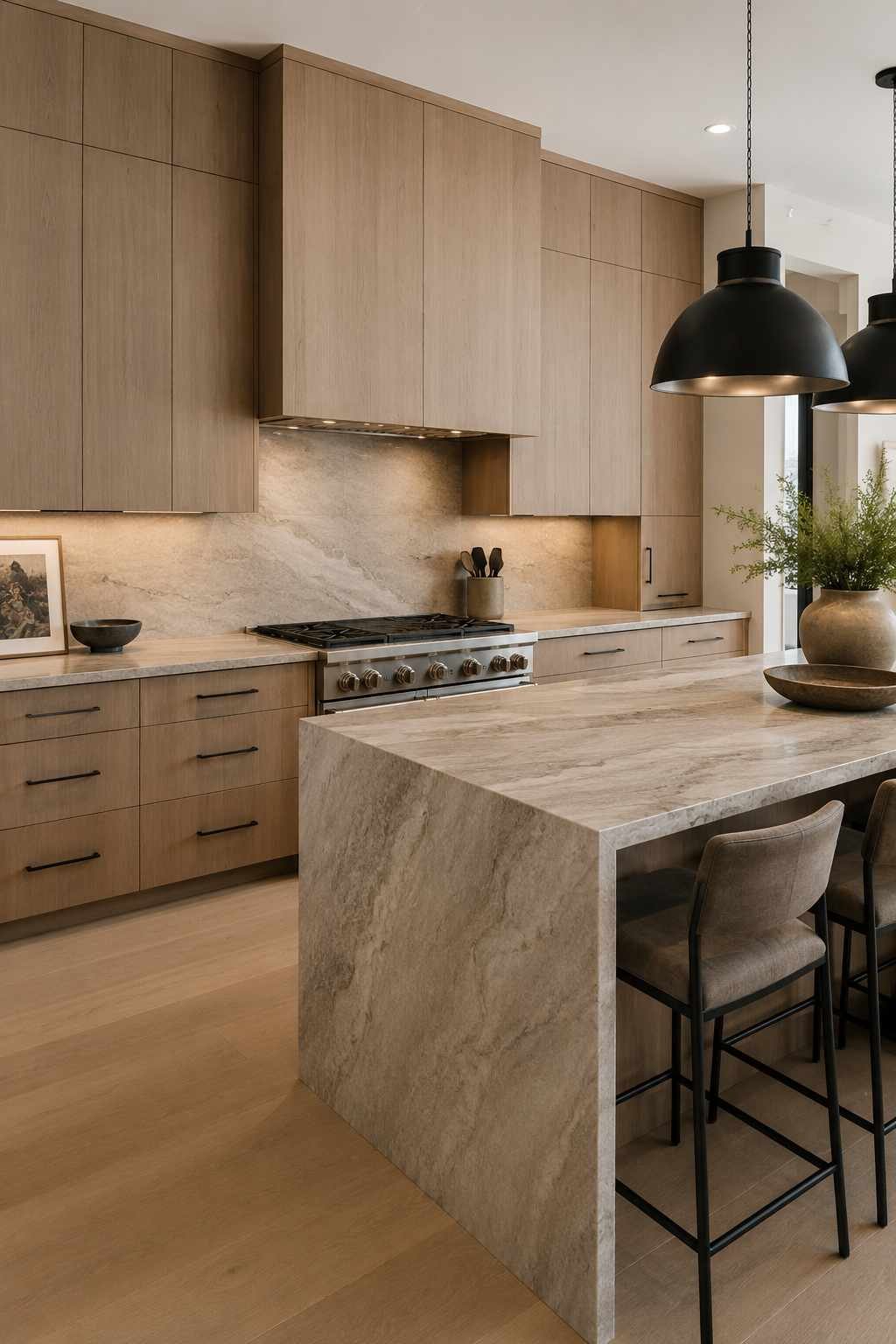 Ultra-realistic modern luxury kitchen featuring warm rift-sawn slab-front oak cabinets with straight vertical grain, a leathered taupe-grey waterfall quartzite island, matte black hardware, integrated appliances, and soft natural lighting in a minimalist contemporary design.