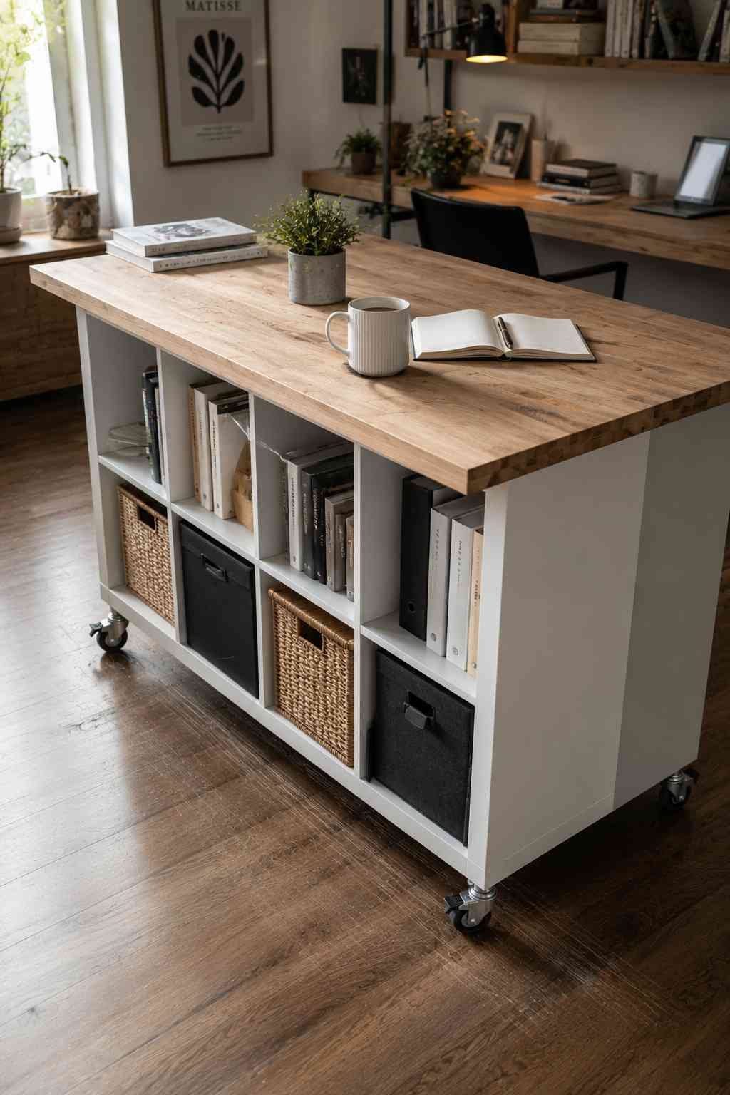 White IKEA KALLAX storage island with a butcher block top, books, woven baskets, and rolling casters in a bright modern home office