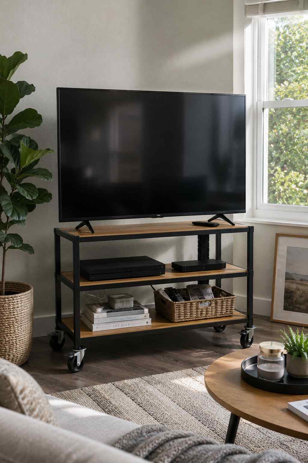 A modern living room featuring a rolling TV stand with lockable caster wheels, open wooden shelves, and a black metal frame. The mobile TV cart holds a flat-screen TV, media devices, woven storage baskets, and books, making it a practical, space-saving solution for rentals, studio apartments, and small homes.